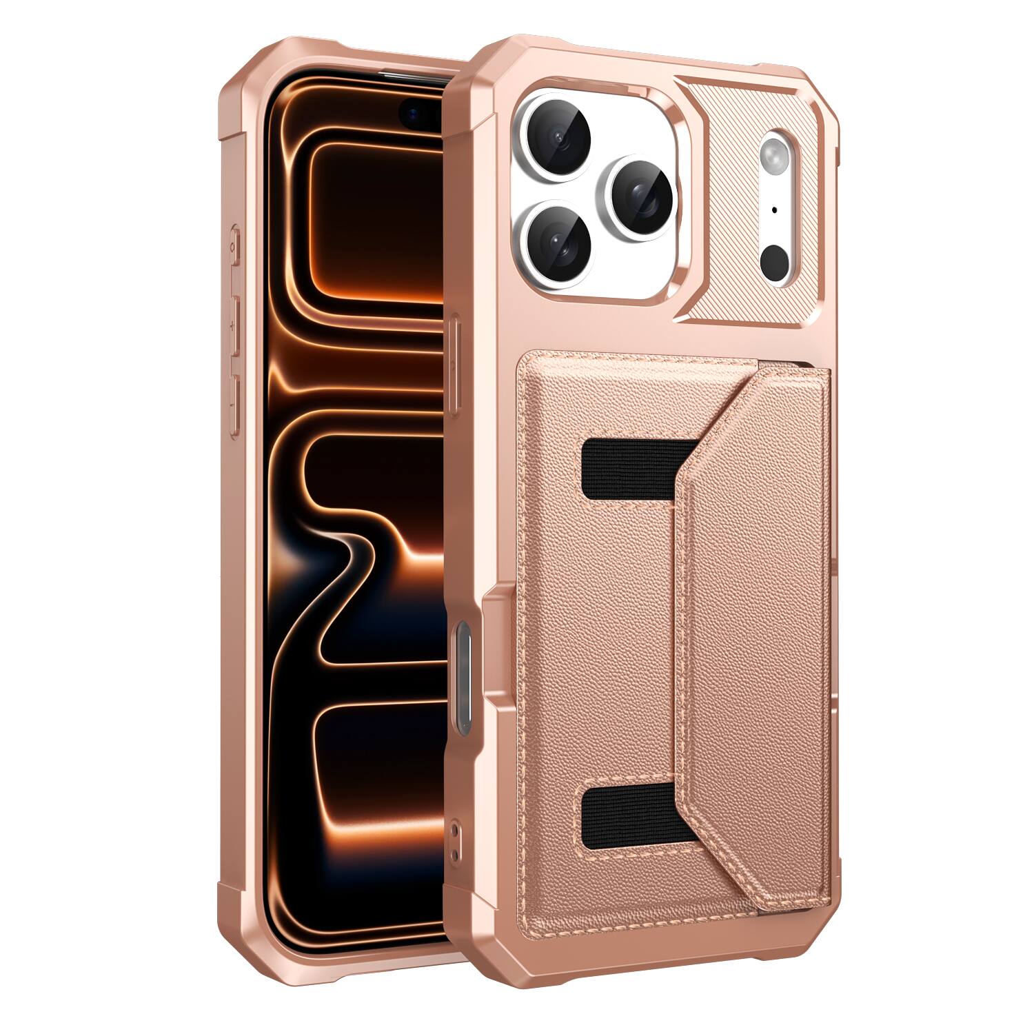 Angle. UUCOVER - Rugged Wallet Case for Apple iPhone 17 Pro Max with Card Holder Slot, Magnetic Closure, Shockproof PU Leather Cover - Rosegold.