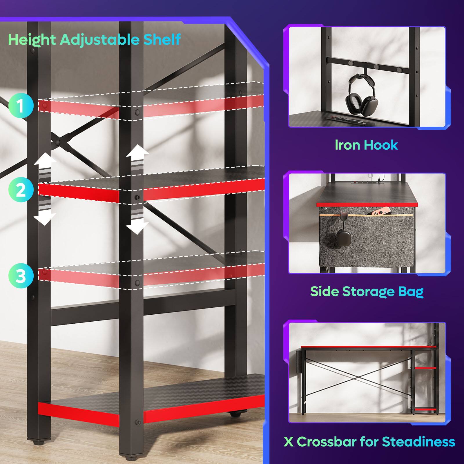 The text on the image is grouped and corrected as follows:

1. Height Adjustable Shelf
2. Iron Hook
3. Side Storage Bag
4. X Crossbar for Steadiness