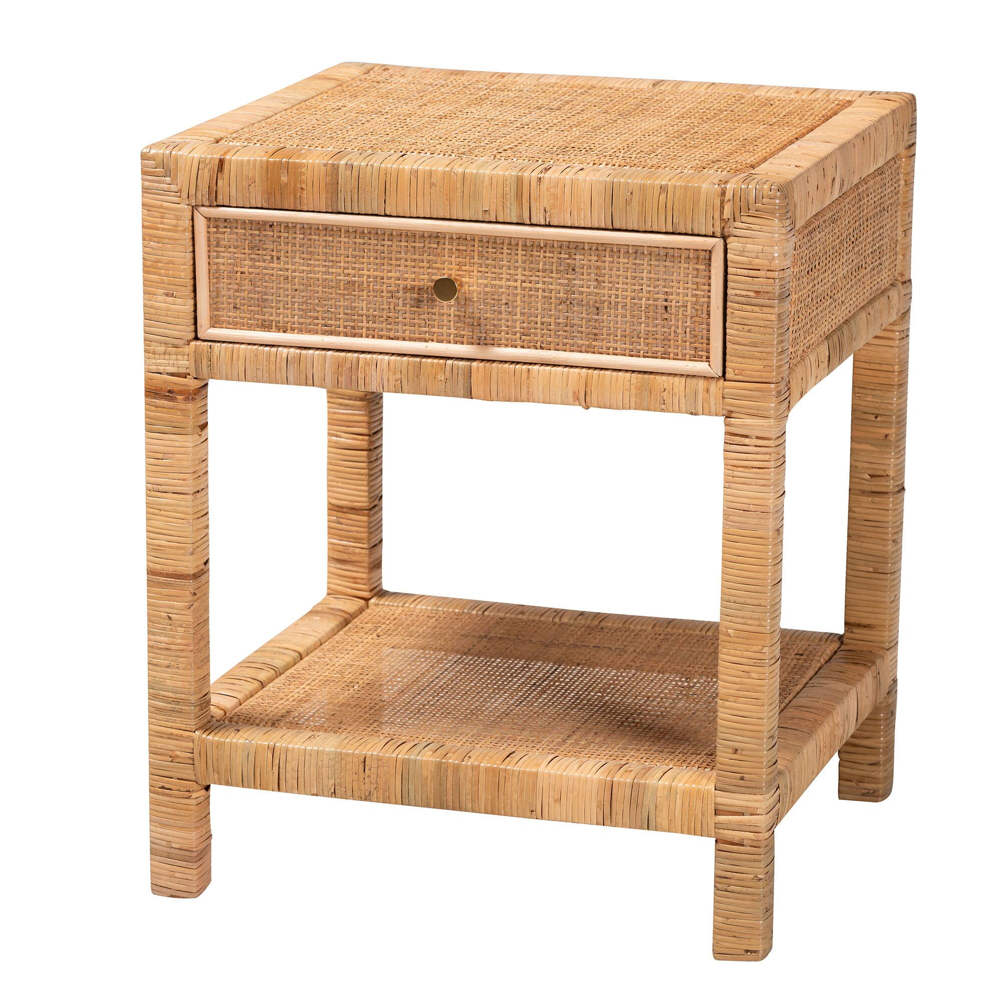 Front. bali & pari - Adelia Modern Bohemian Natural Rattan and Mahogany Wood 1-Drawer Nightstand - Natural Brown.