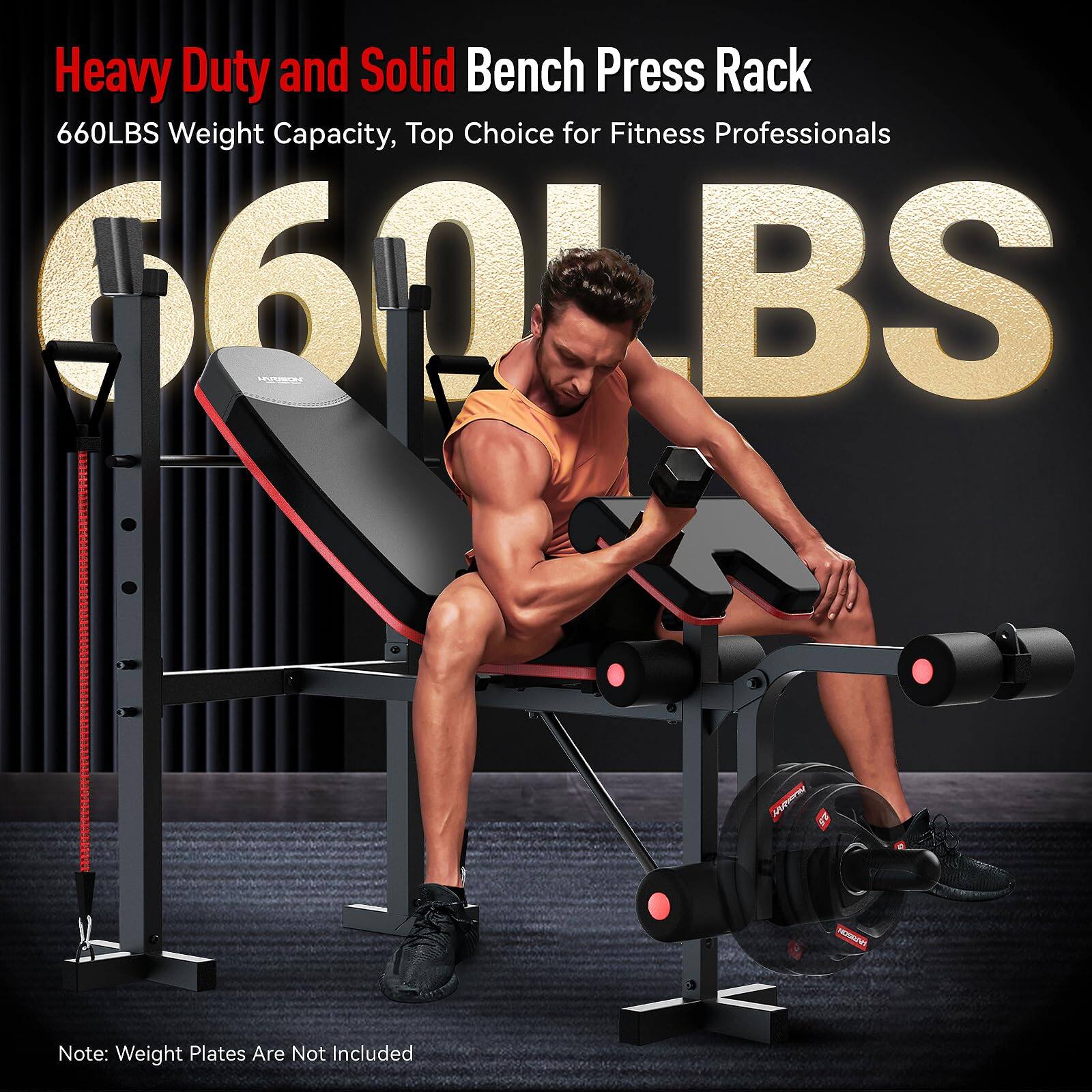 Heavy Duty and Solid Bench Press Rack  
660LBS Weight Capacity, Top Choice for Fitness Professionals  

660LBS  

Note: Weight Plates Are Not Included