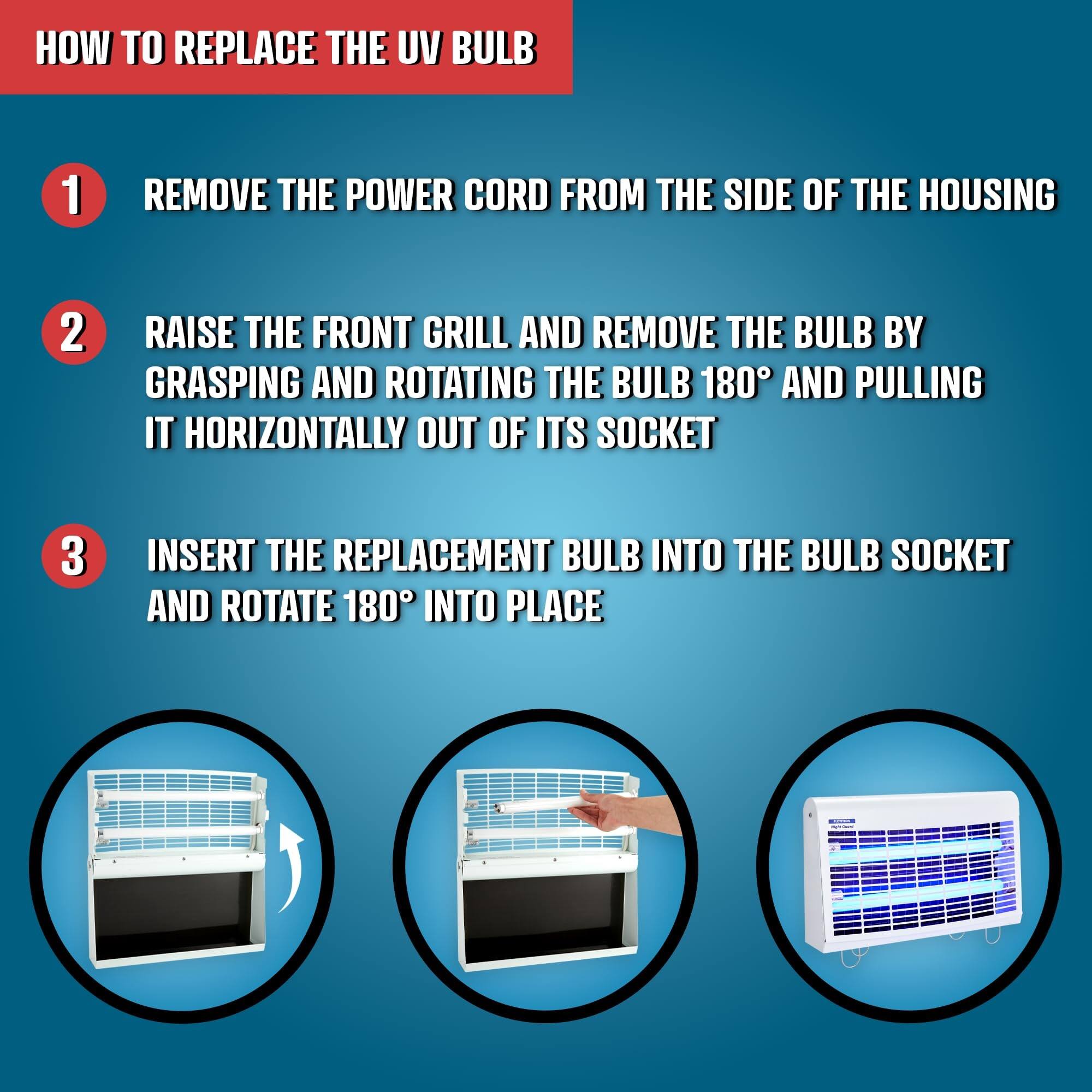 HOW TO REPLACE THE UV BULB
1 REMOVE THE POWER CORD FROM THE SIDE OF THE HOUSING
2 RAISE THE FRONT GRILL AND REMOVE THE BULB BY GRASPING AND ROTATING THE BULB 180° AND PULLING IT HORIZONTALLY OUT OF ITS SOCKET
3 INSERT THE REPLACEMENT BULB INTO THE BULB SOCKET AND ROTATE 180° INTO PLACE