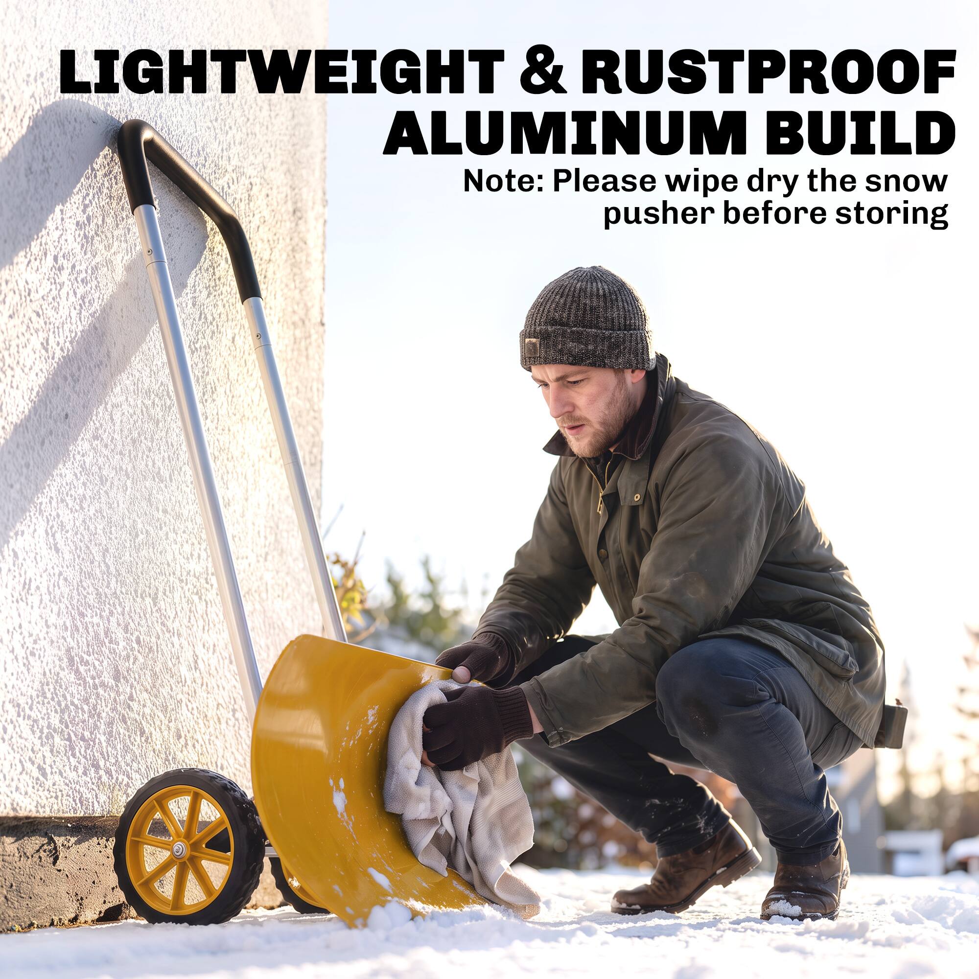 LIGHTWEIGHT & RUSTPROOF ALUMINUM BUILD

Note: Please wipe dry the snow pusher before storing