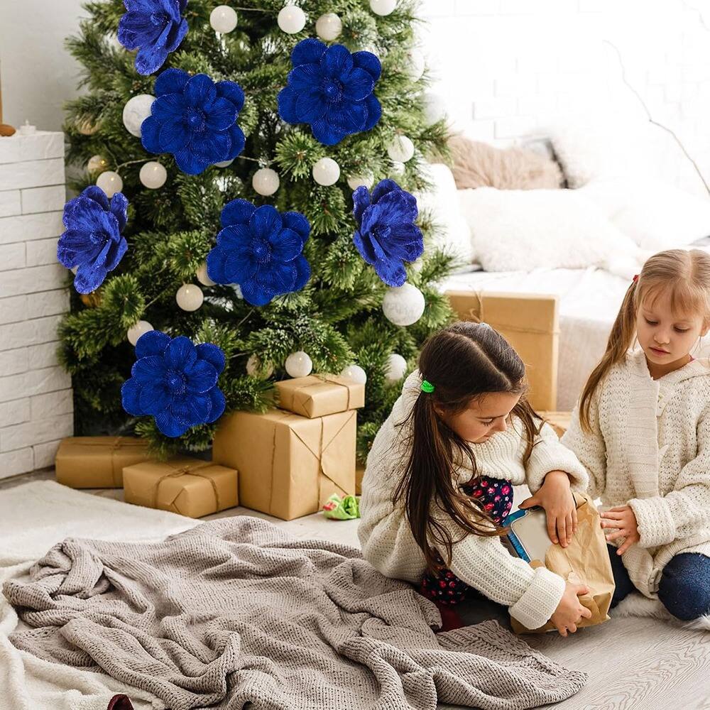 Alt View 1. PARKER SLATER - 24-Pc Royal Blue Velvet Christmas Ornament Set with Poinsettias and Balls - Blue.