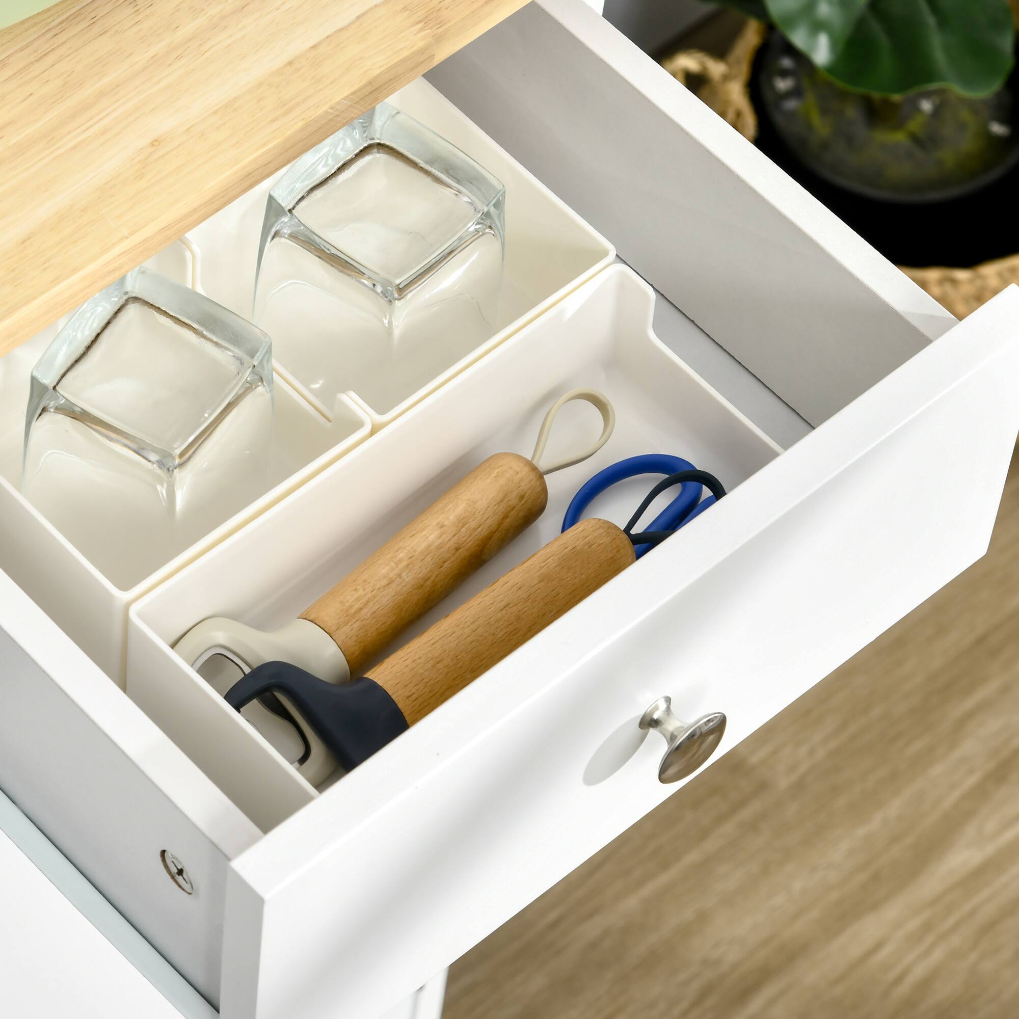 Alt View 8. Homcom - Sideboard with Solid Wood Countertop, Modern Kitchen Storage Cabinet, Coffee Bar Cabinet with 3 Drawers, Doors - White.