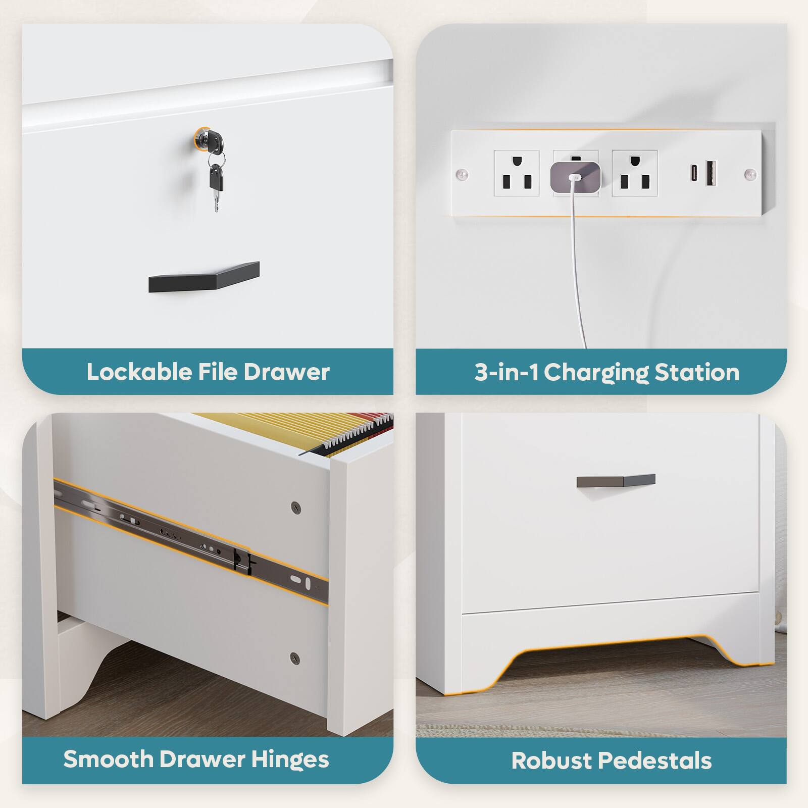 - Lockable File Drawer
- 3-in-1 Charging Station
- Smooth Drawer Hinges
- Robust Pedestals