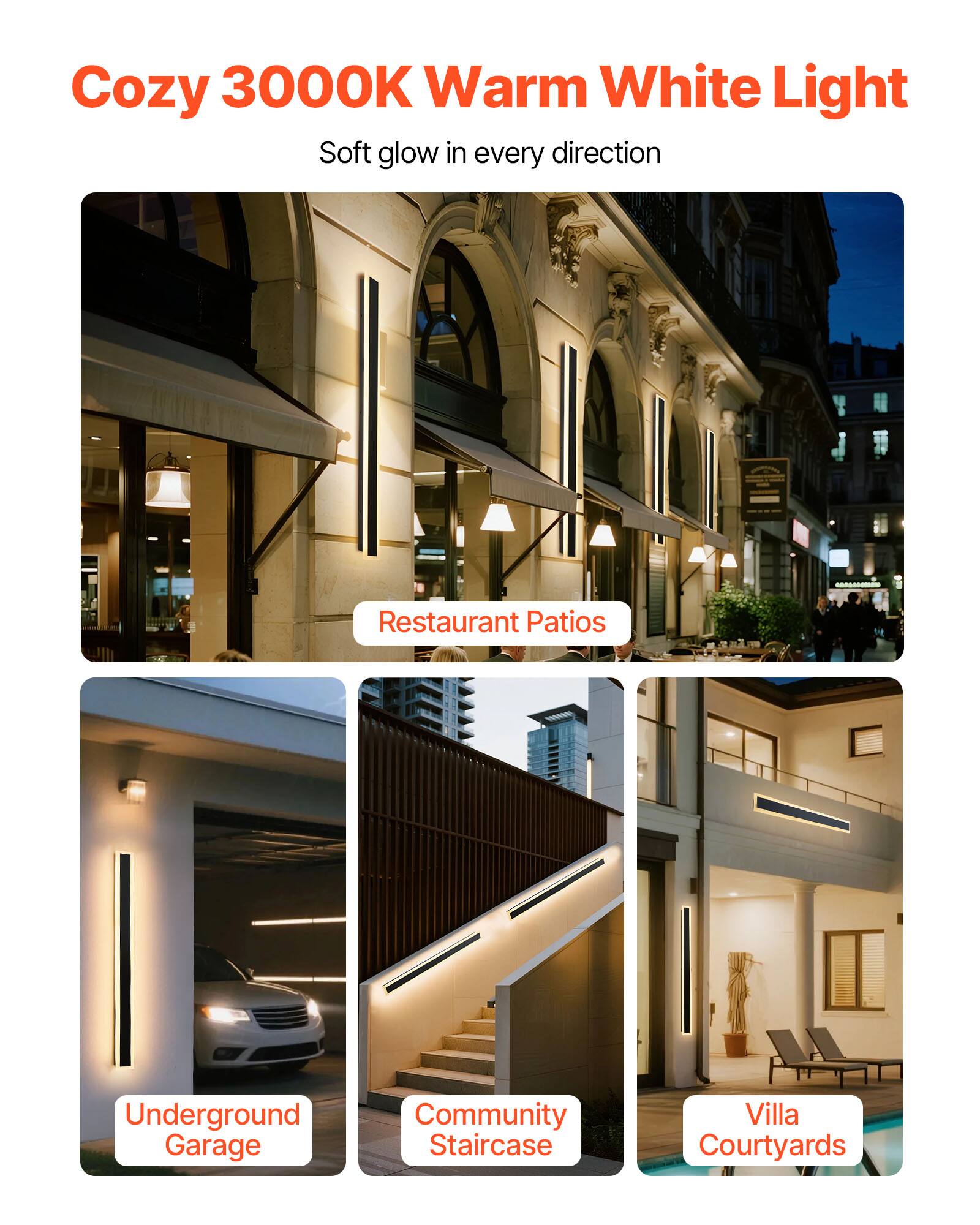 Cozy 3000K Warm White Light  
Soft glow in every direction  

Restaurant Patios  

Underground Garage  

Community Staircase  

Villa Courtyards
