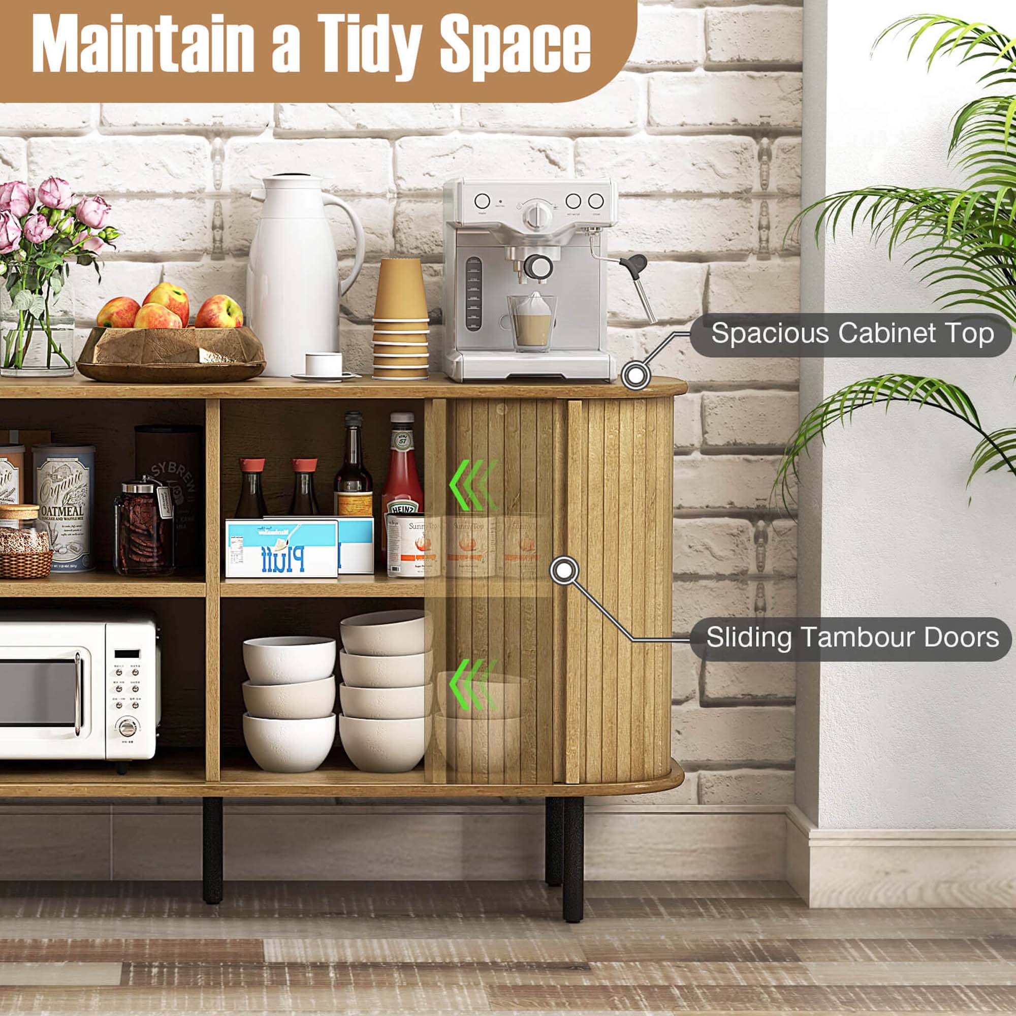 Maintain a Tidy Space: Spacious Cabinet Top, Sliding Tambour Doors.