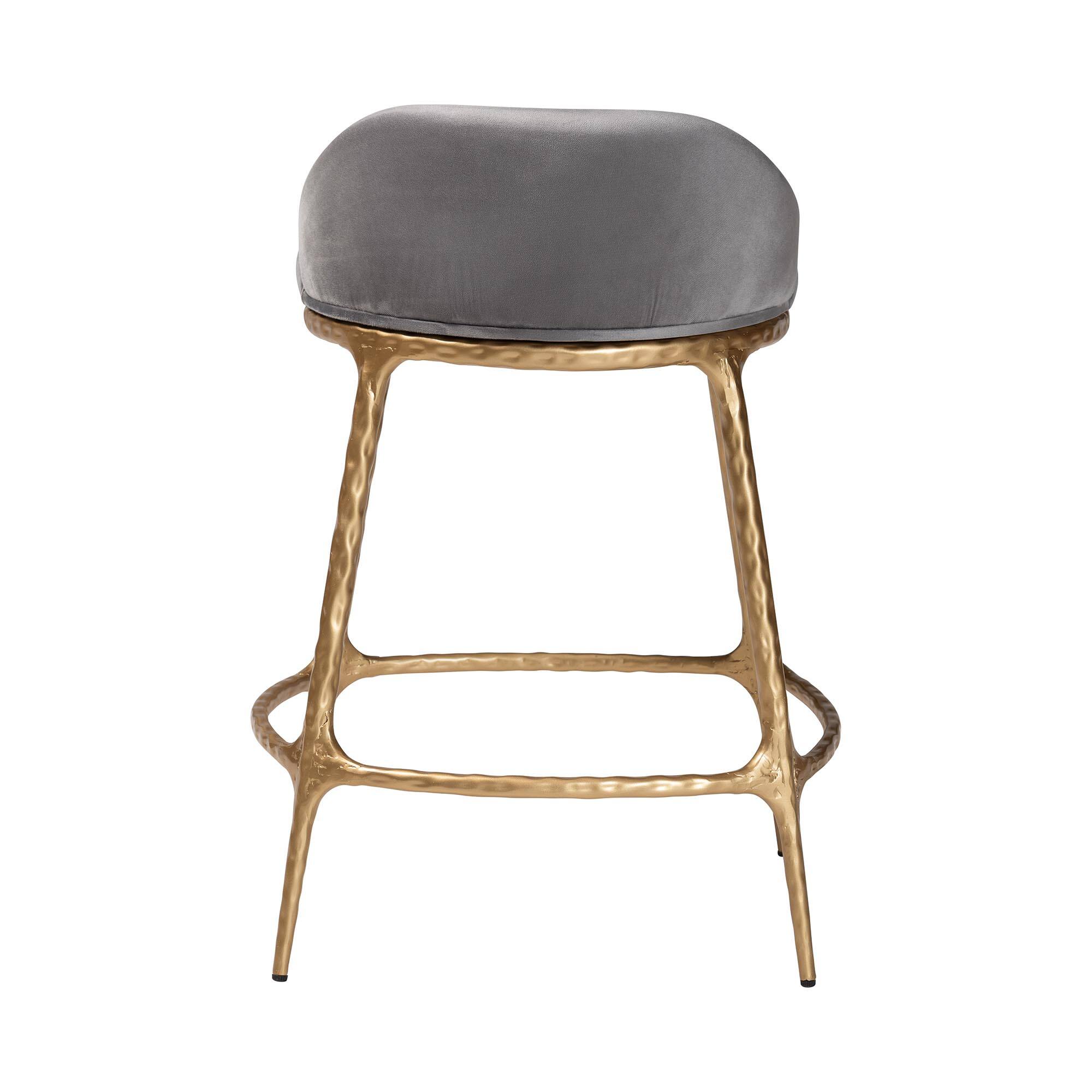 Back. Baxton Studio - Aarush Counter Stool - Modern Rustic Seating with Hand-Forged Metal Frame and Low Back for Kitchen Island or Lounge - Grey/Gold.