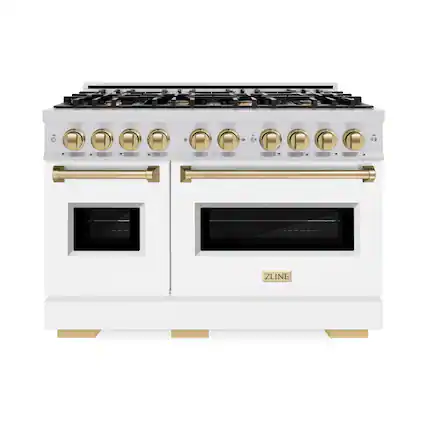 Front. ZLINE - ZLINE Autograph 48" Classic Double Oven Dual Fuel Range with White and Bronze Accents (CDRZ-WM-48-CB) - White.