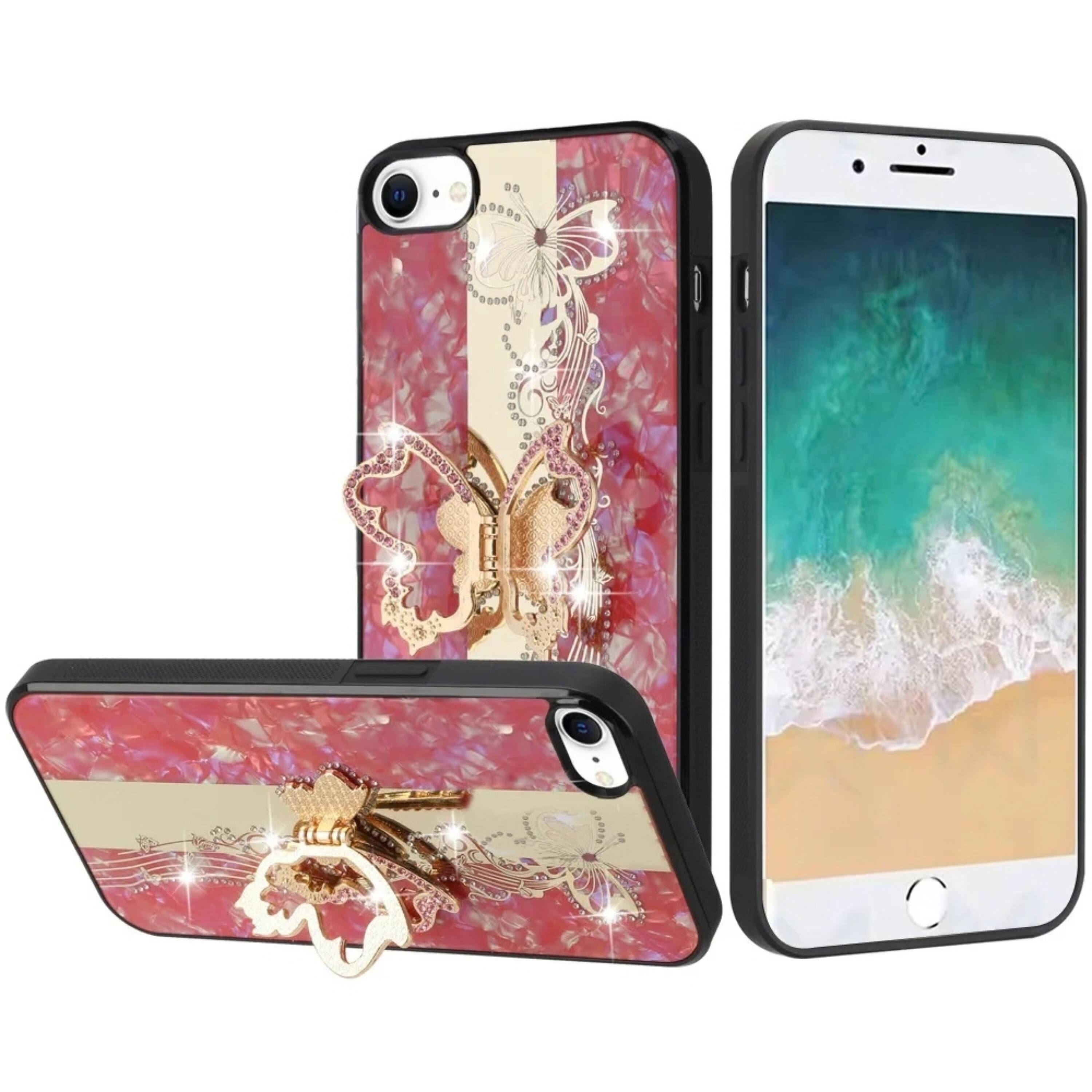 Front. Kitcheniva - Crystal Diamond Glitter Phone Case With Tempered Glass For iPhone 16e 17e Butterfly Red - Red.