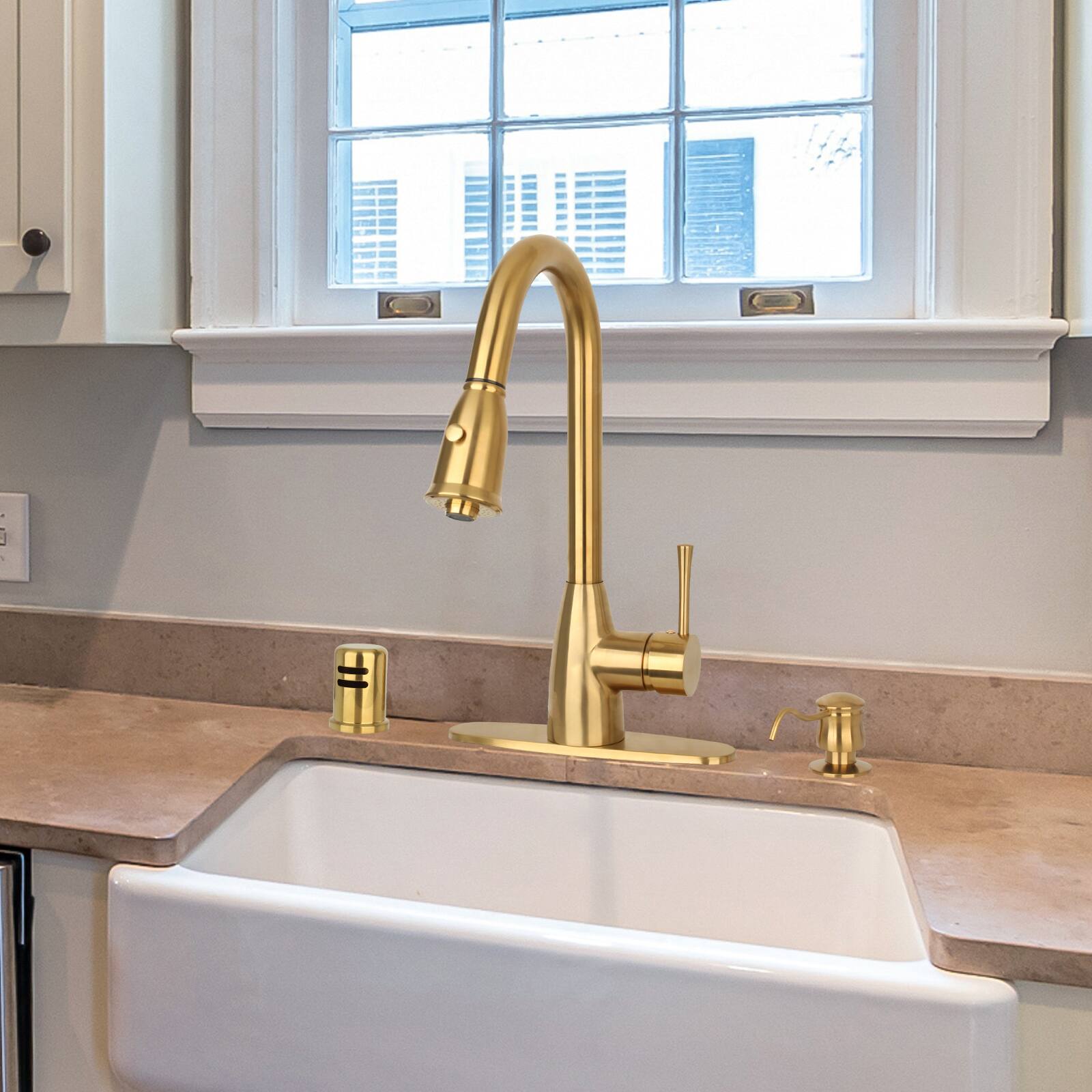 Alt View 6. Akicon - Akicon One-Handle Solid Brass Kitchen Faucet with Pull Down Sprayer in Brushed Gold - Brushed Gold.