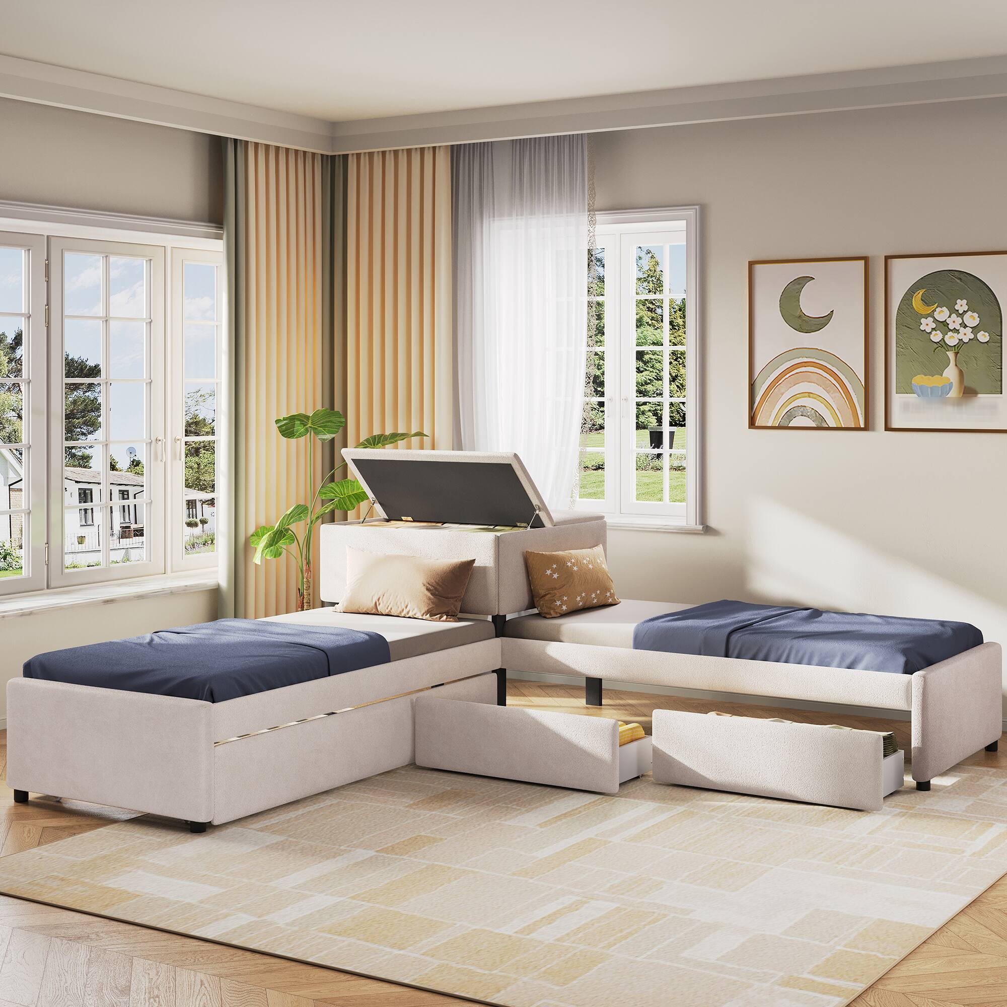 Angle. Whisen - Twin Size 3-Bed L-Shaped Platform Bed with Trundle, Storage Drawers, Built-in Desk, Linen Upholstery - Beige.