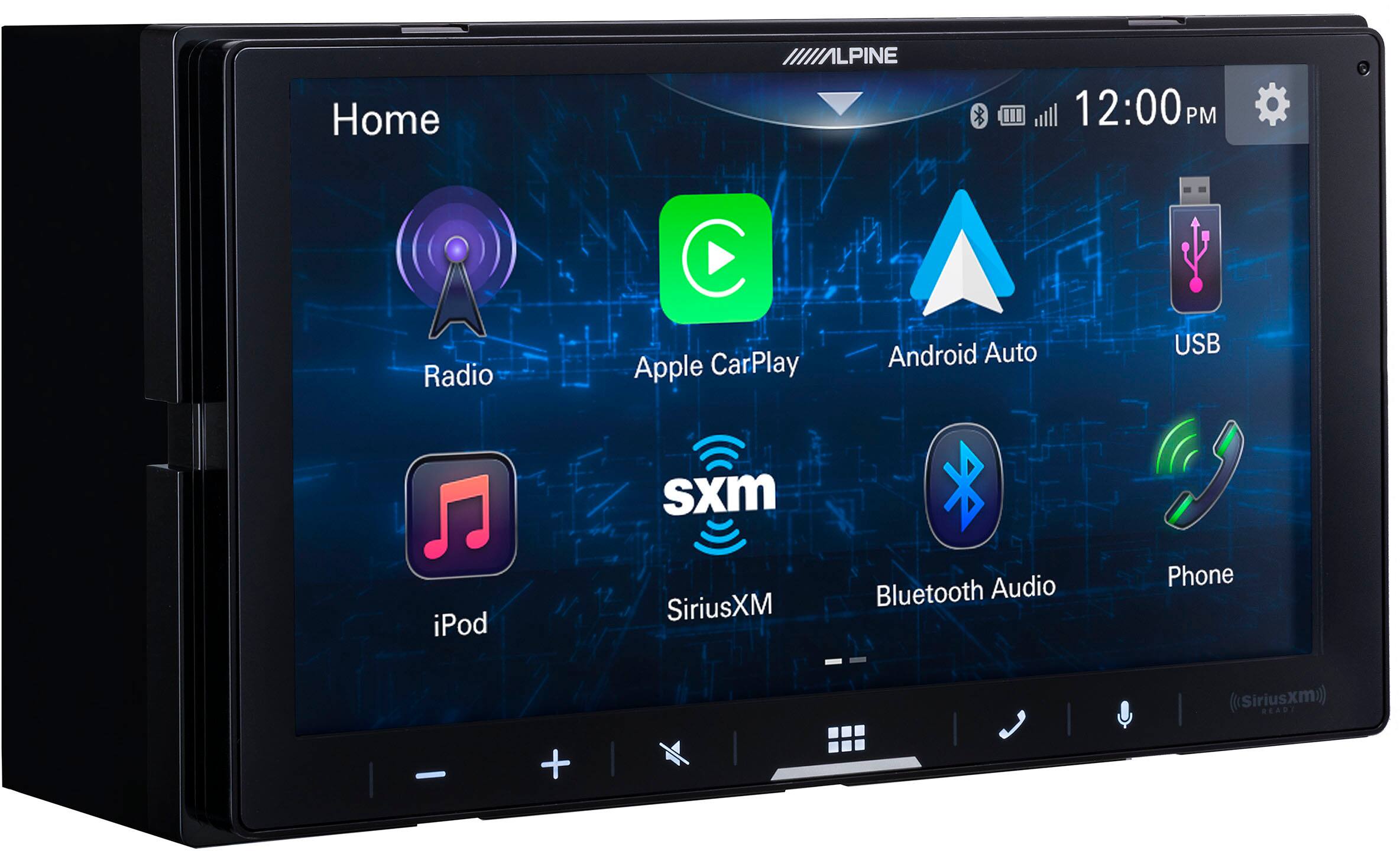 Home  
12:00 PM  

Radio  
Apple CarPlay  
Android Auto  
USB  
iPod  
SiriusXM  
Bluetooth Audio  
Phone  

(SiriusXM) READY