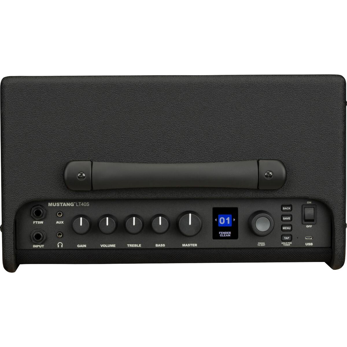 MUSTANG LT40S  
FTSW AUX 01  
SAVE WEN OFF  
TEC0 CLEAN  
TAP INPUT  
GAIN VOLUME TREBLE BASS MASTER  
CESE adaial  
I HTO FCA USB