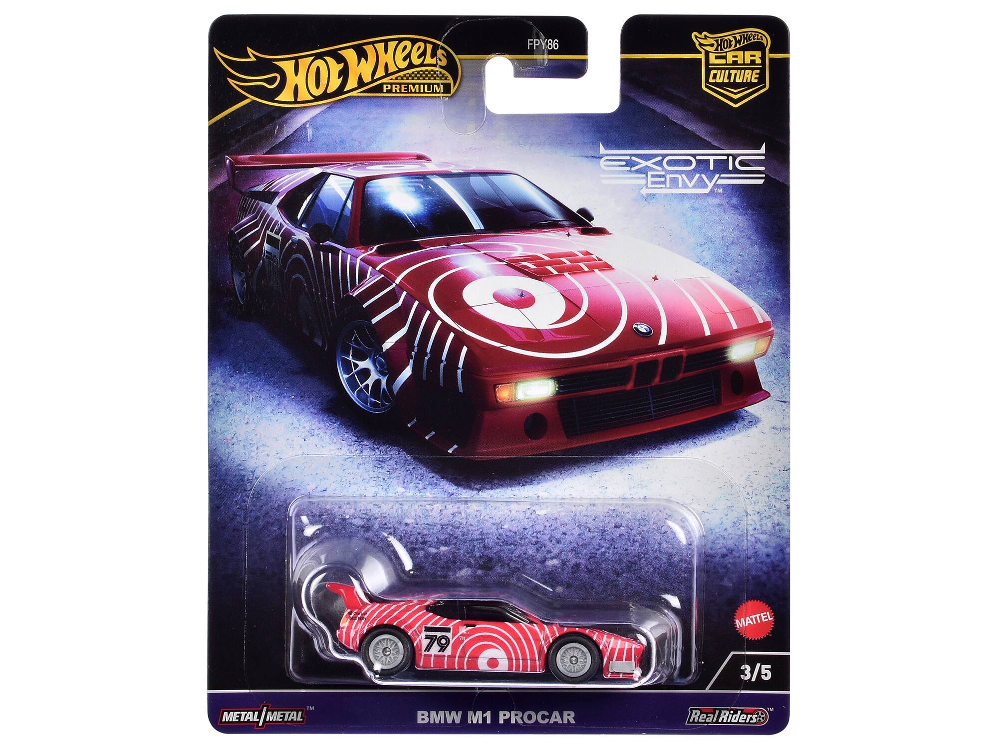 Hot Wheels Premium FPY86  
Hot Wheels Car Culture Exotic Envy  
The 79 Mattel 3/5  
A Metal Metal / Metal BMW M1 Procar  
Real Riders
