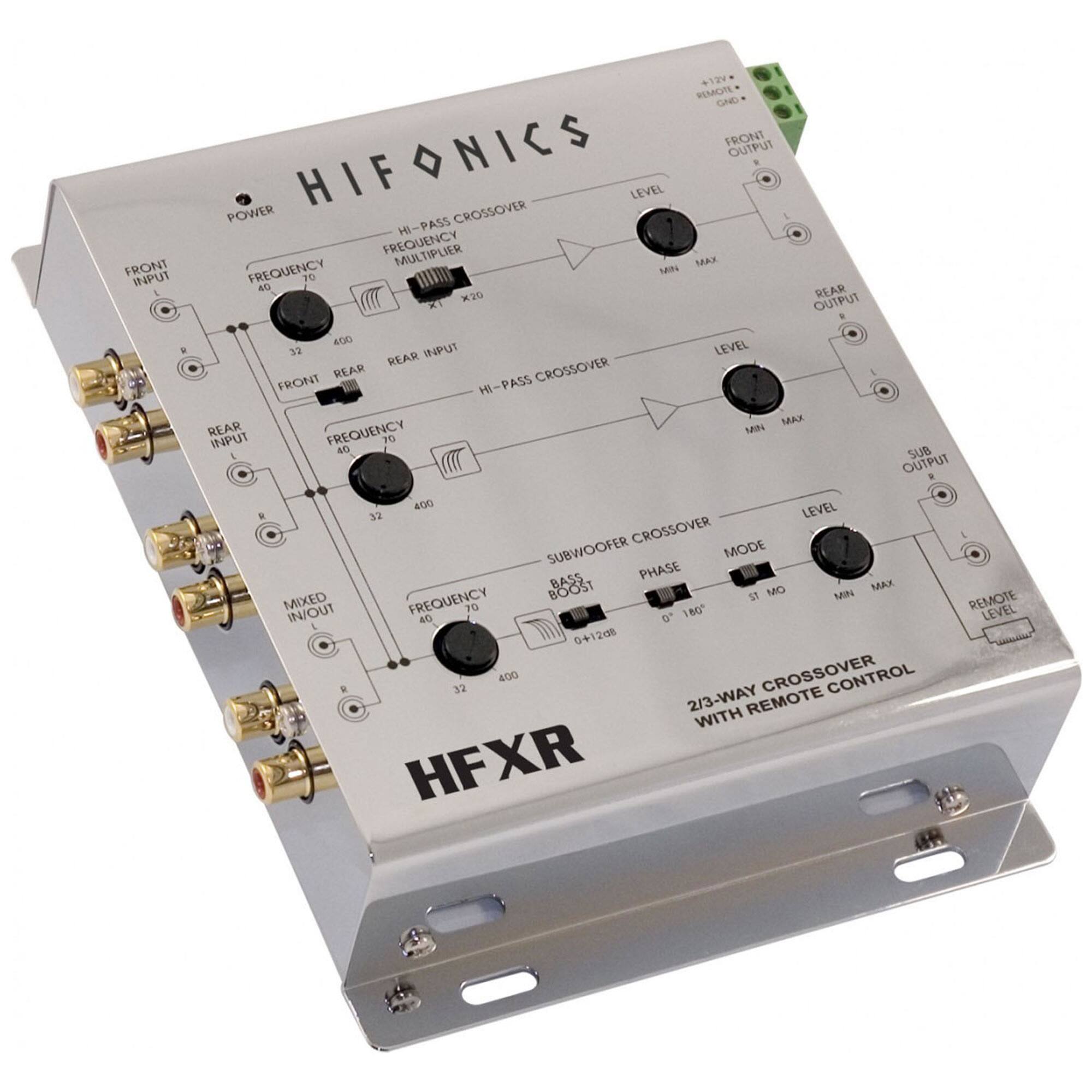 FRONT INPUT +12V SMCTE GND FRONT HIFONICS OUTPUT HIF LEVEL POWER CROSSOVER HI-PASS FREQUENCY MULTIPLIER MAY FREQUENCY MIN DE 4G REAR K20 OUTPUT 400 32 REAR INPUT LEVEL FRONT REAR CROSSOVER HI-PASS MAX REAR FREQUENCY 10% INPUT 70 Oe SUB OUTPUT 4on LEVEL . 13 CROSSOVER SUBWOOFER MODE BASS PHASE BOOST MO MAX MIXED FREQUENCY 5 MN IN/OUT 7O 180 40 D 1 0+12d8  32 400 CROSSOVER CONTROL 2/3-WAY REMOTE WITH HFXR REMOTE LEVEL