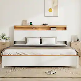 LUCKY ONE - King Size Bed Frame With Storage Headboard and Built-in Charging Station - Antique White