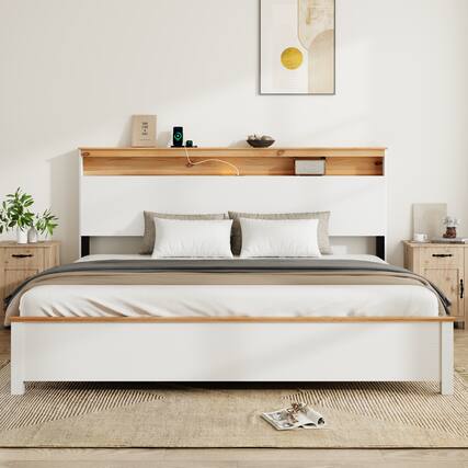 Front. LUCKY ONE - King Size Bed Frame With Storage Headboard and Built-in Charging Station - Antique White.