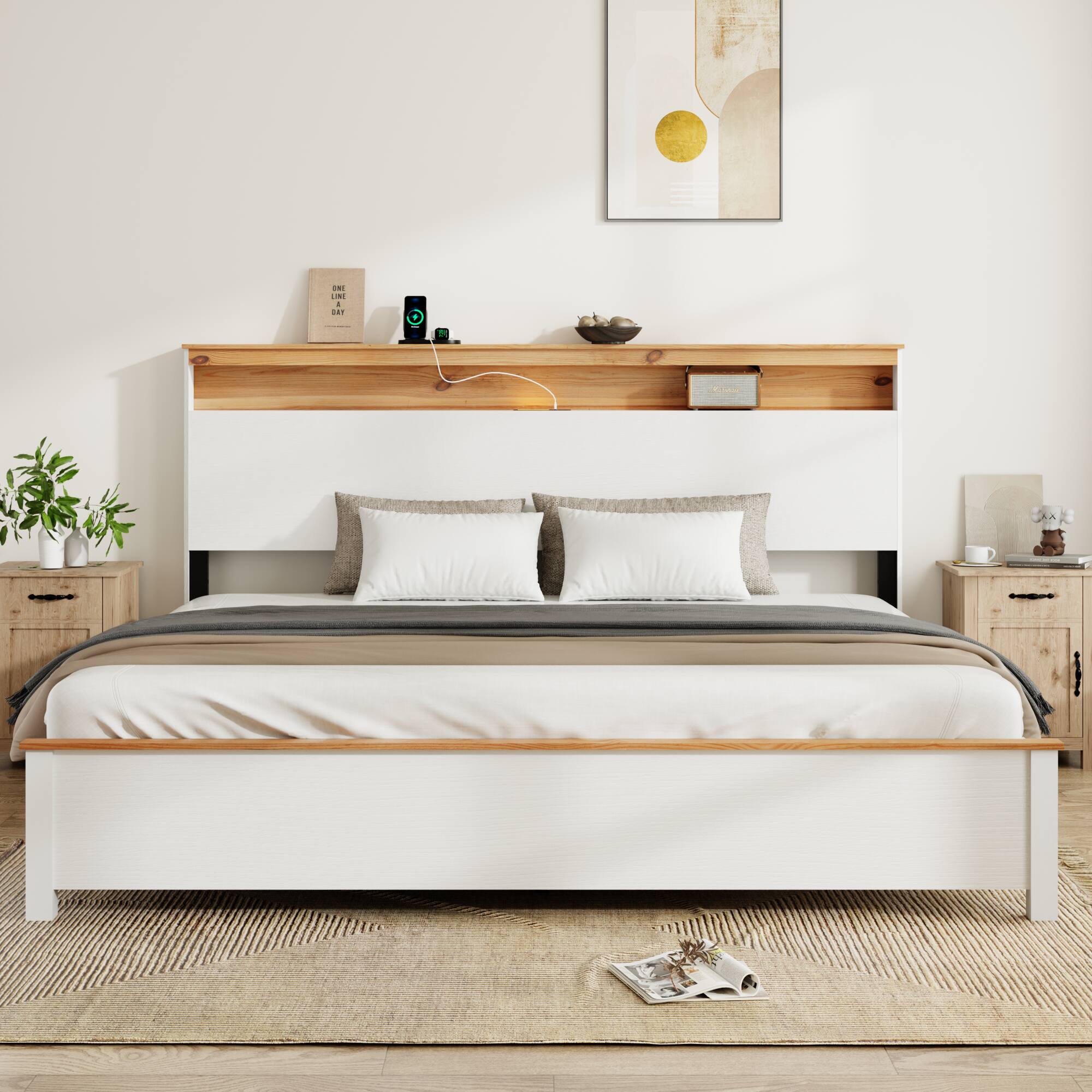 Front. LUCKY ONE - King Size Bed Frame With Storage Headboard and Built-in Charging Station - Antique White.