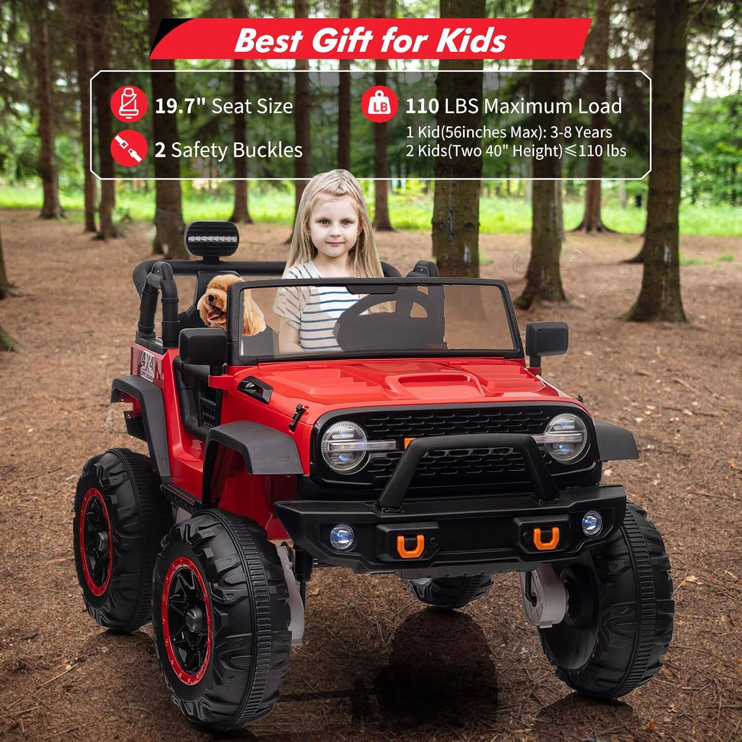 Angle. Homhougo - 24V Kids Electric Ride On Truck, 2-Seater 4WD w/ Remote, LED Lights, Red.