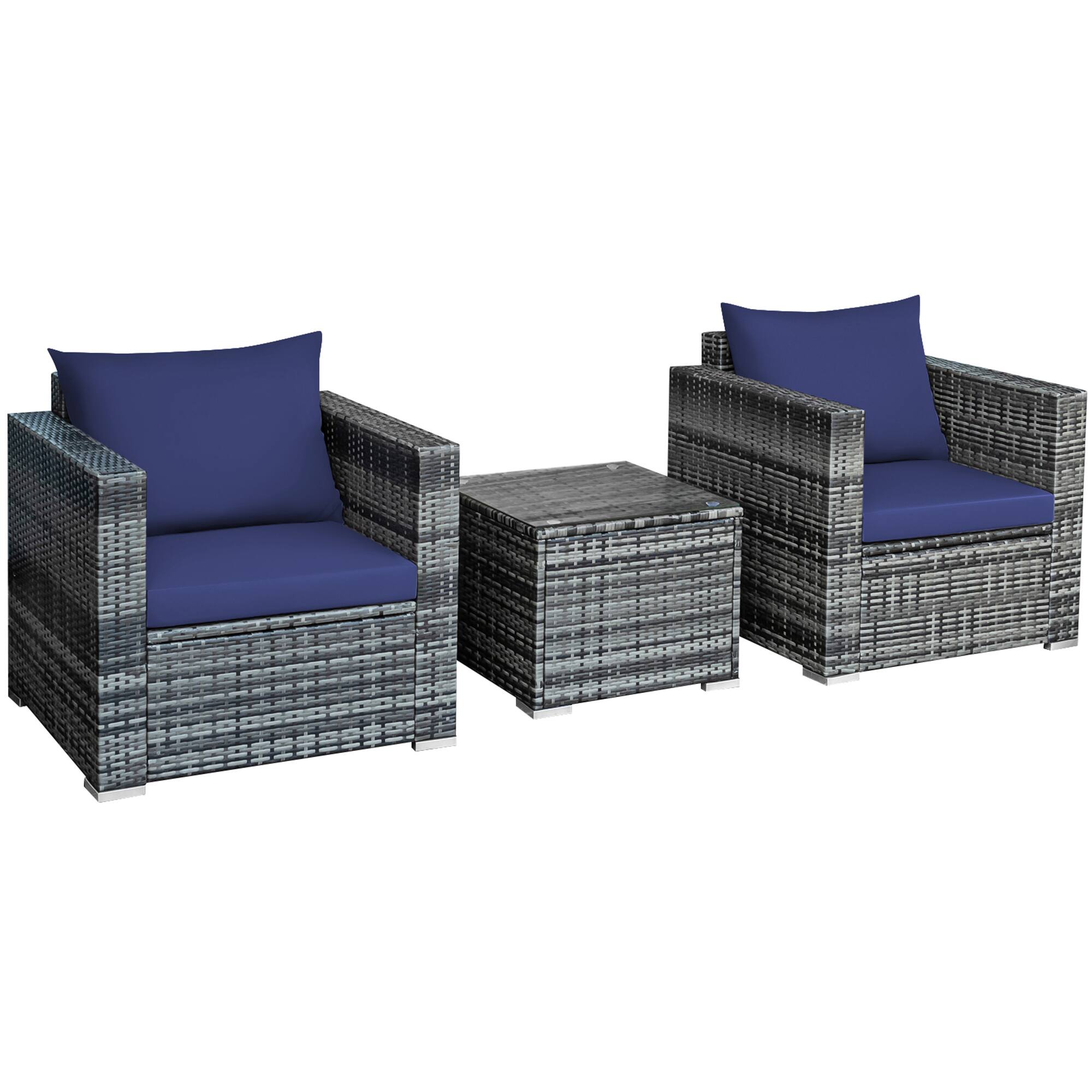 Alt View 1. Gymax - Gymax 3PCS Rattan Patio Conversation Furniture Set Outdoor Yard w/ Navy Cushion - Navy.