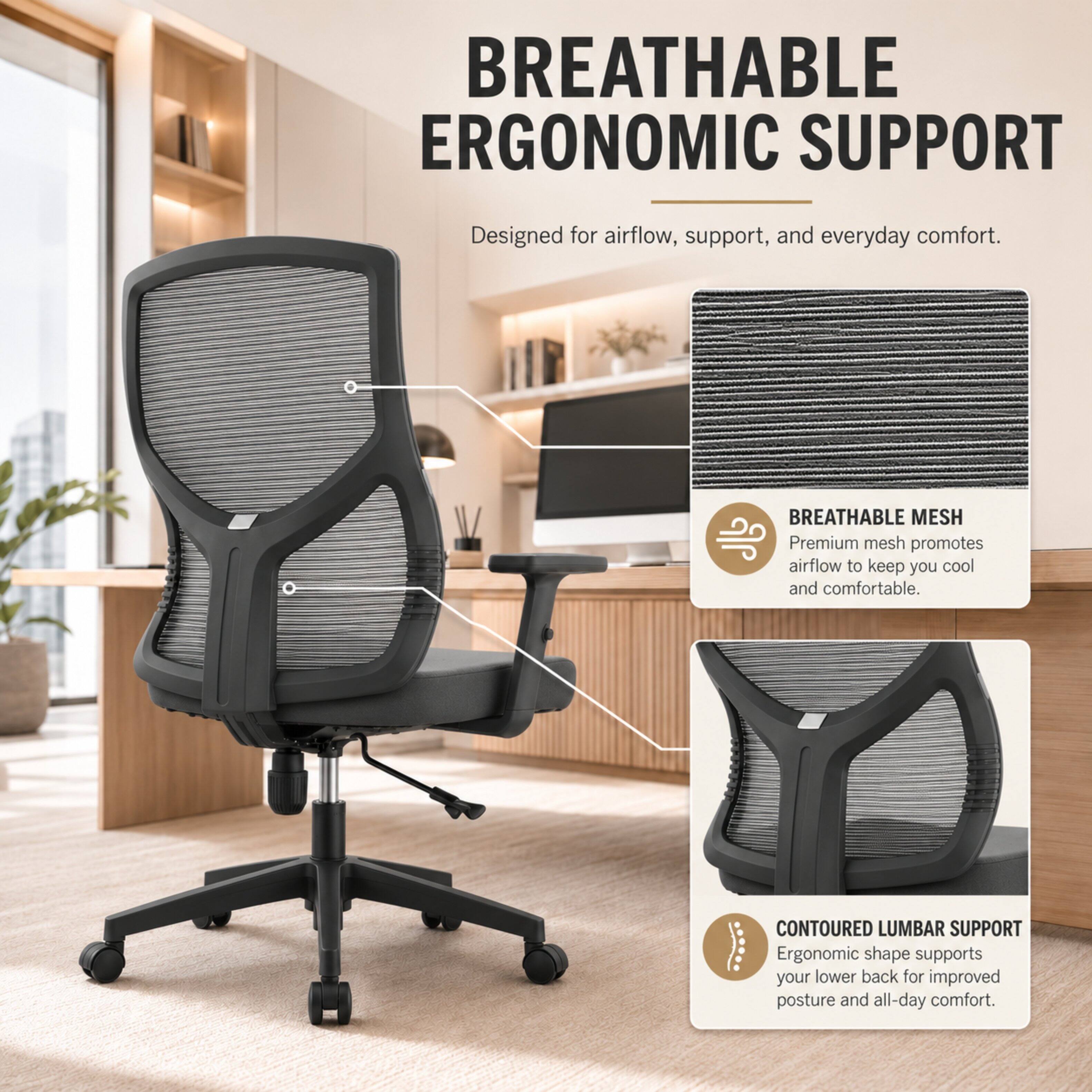 BREATHABLE ERGONOMIC SUPPORT  
Designed for airflow, support, and everyday comfort.  

BREATHABLE MESH  
Premium mesh promotes airflow to keep you cool and comfortable.  

CONTOURED LUMBAR SUPPORT  
Ergonomic shape supports your lower back for improved posture and all-day comfort.