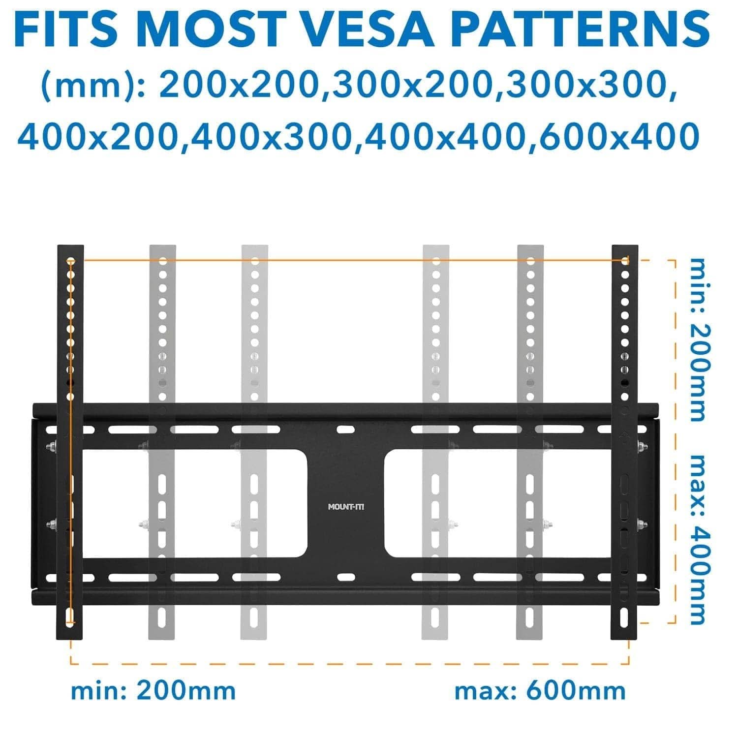FITS MOST VESA PATTERNS (mm): 200x200, 300x200, 300x300, 400x200, 400x300, 400x400, 600x400

min: 200mm  
max: 600mm

min: 200mm  
max: 400mm