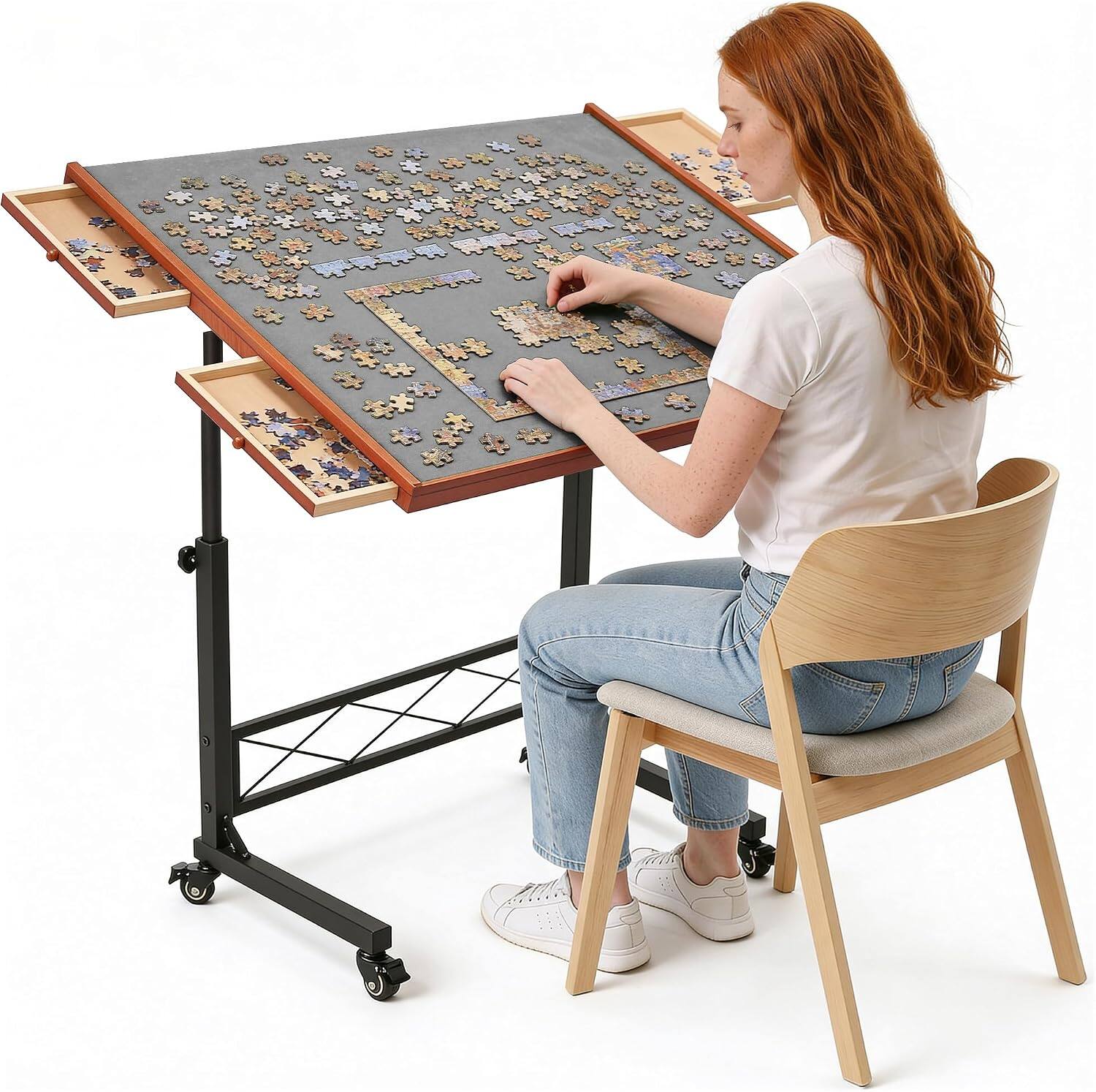 Front. JoyBerri - JoyBerri Puzzle Table for 1500 Piece Puzzles Adjustable Puzzle Board with Drawers Cover and Bonus Puzzle - Gray.
