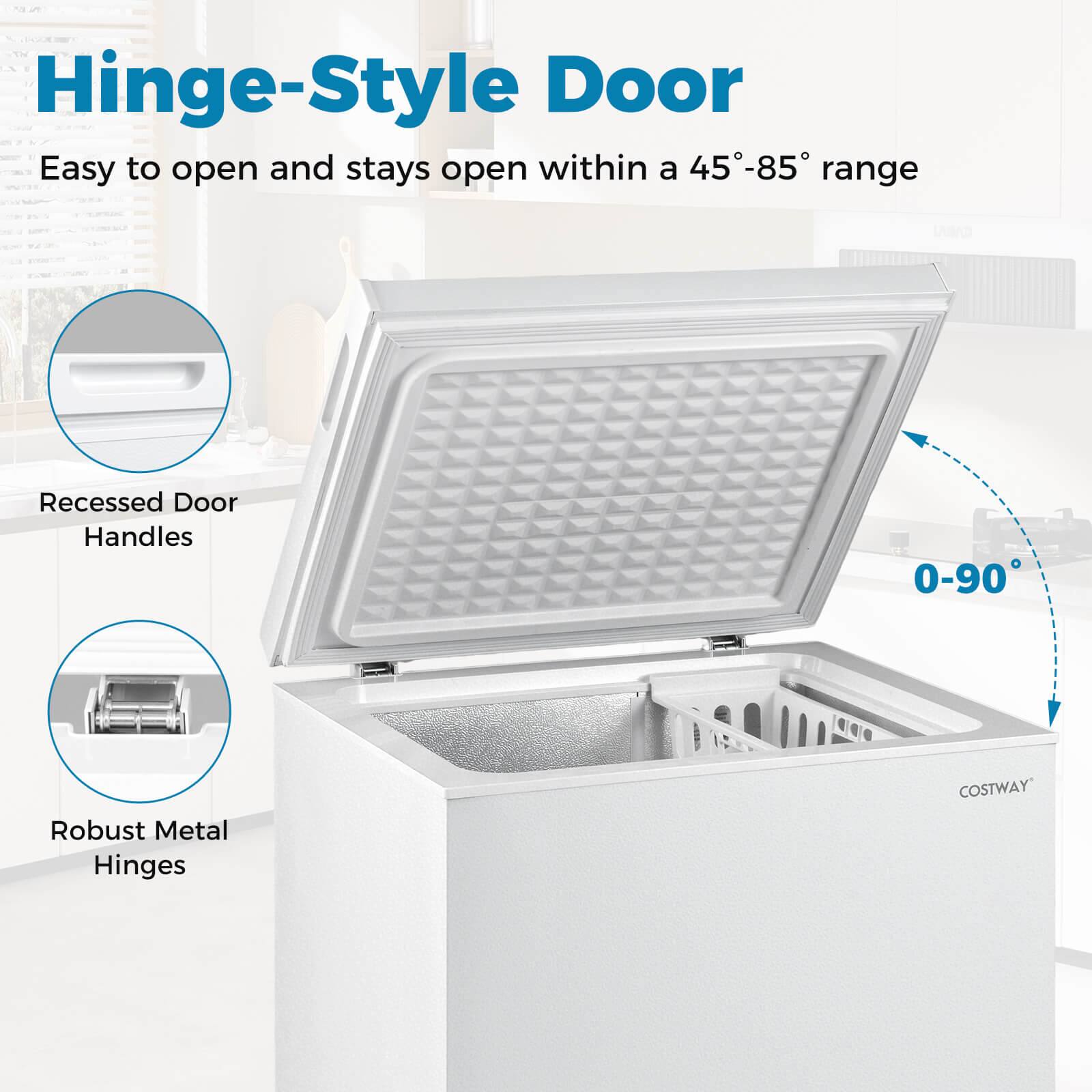 Hinge-Style Door  
Easy to open and stays open within a 45°-85° range  

Recessed Door Handles  
Robust Metal Hinges  

0-90°