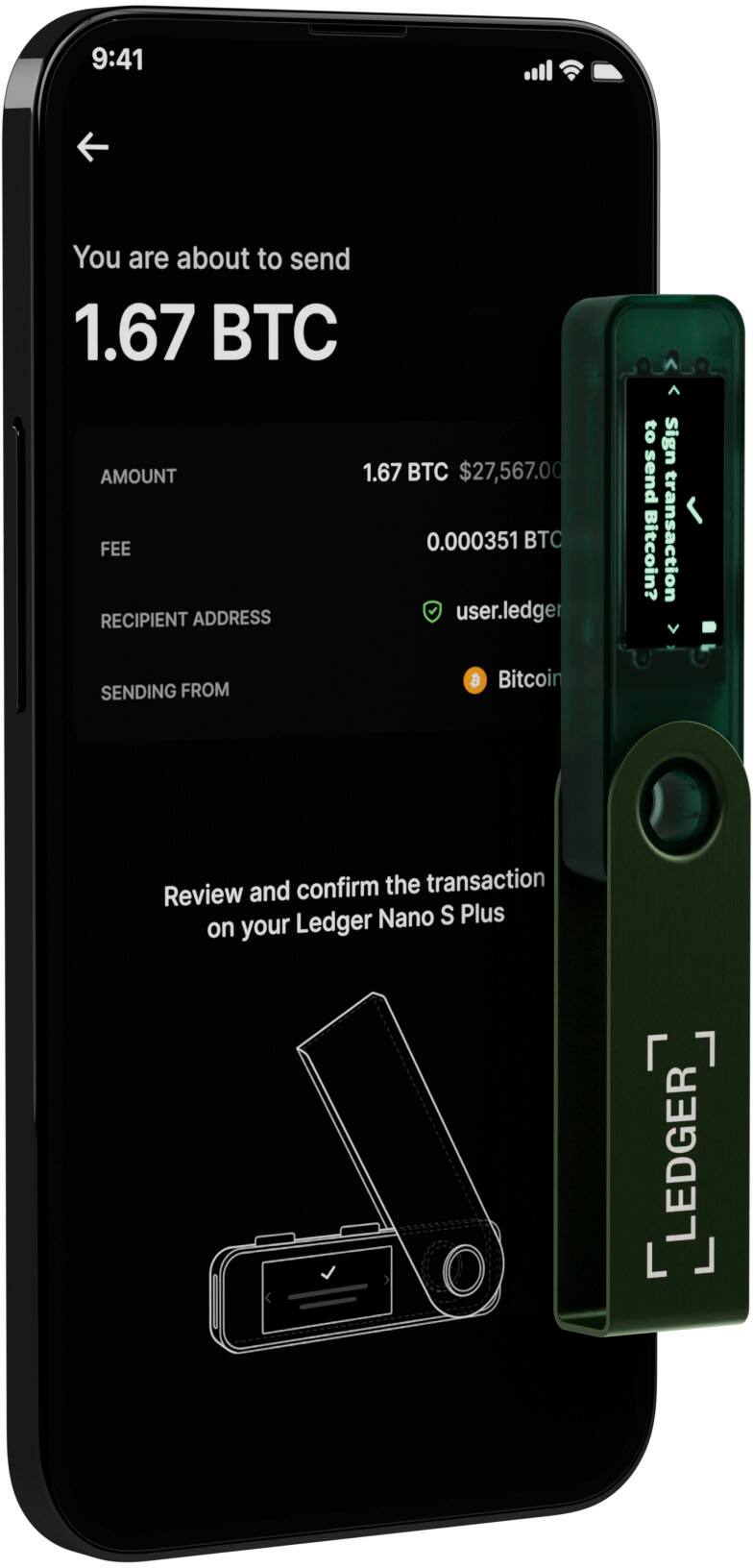 You are about to send 1.67 BTC. The fee is 0.000351 BTC. The recipient address is [RECIPIENT ADDRESS]. The sending amount is $27,567.00. Review and confirm the transaction on your Ledger Nano S Plus.