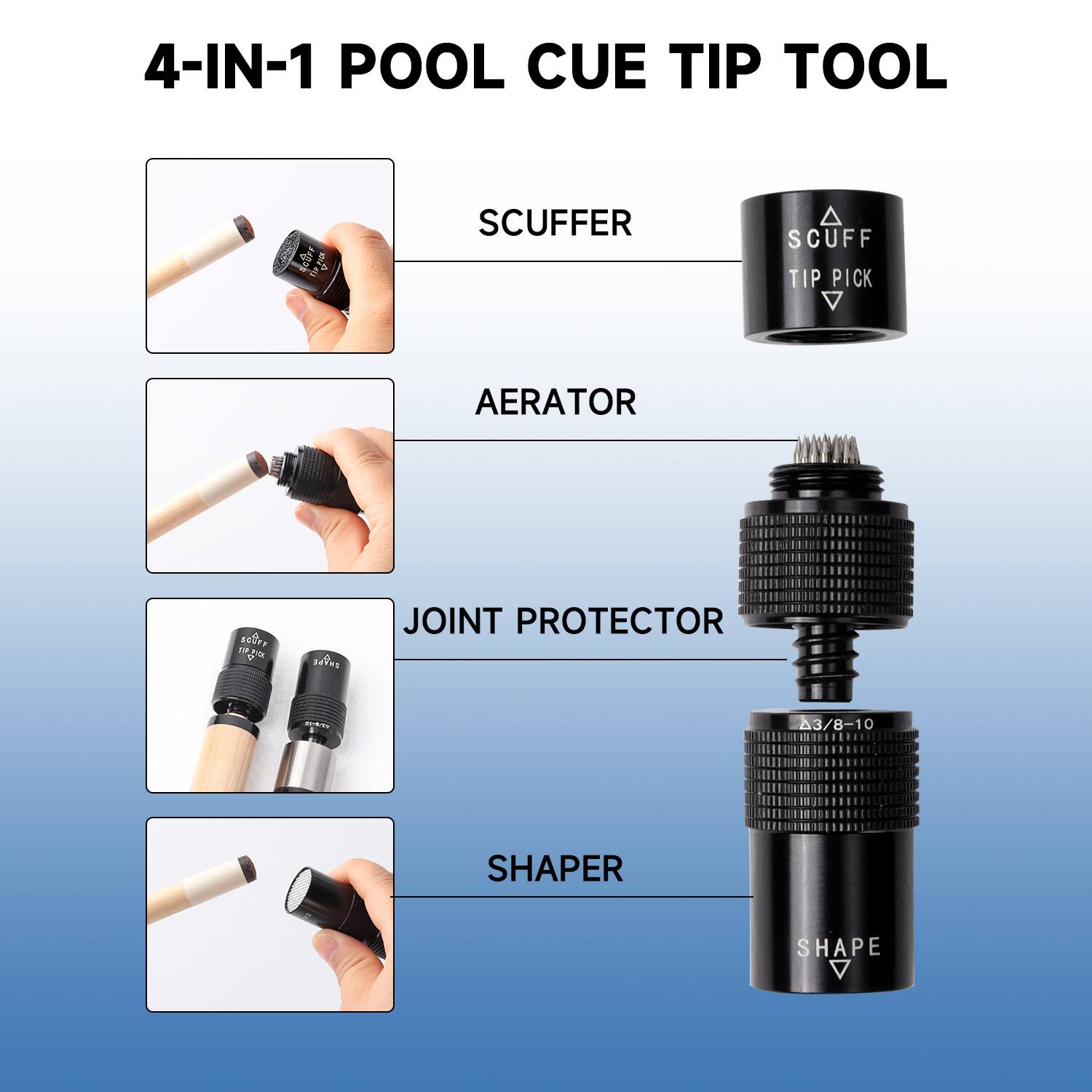 4-IN-1 POOL CUE TIP TOOL

1. SCUFFER
2. SCUFF TIP PICK
3. AERATOR
4. JOINT PROTECTOR
5. SHAPER

Note: The text "neler 1.2" seems to be a typo or an error and has been omitted.