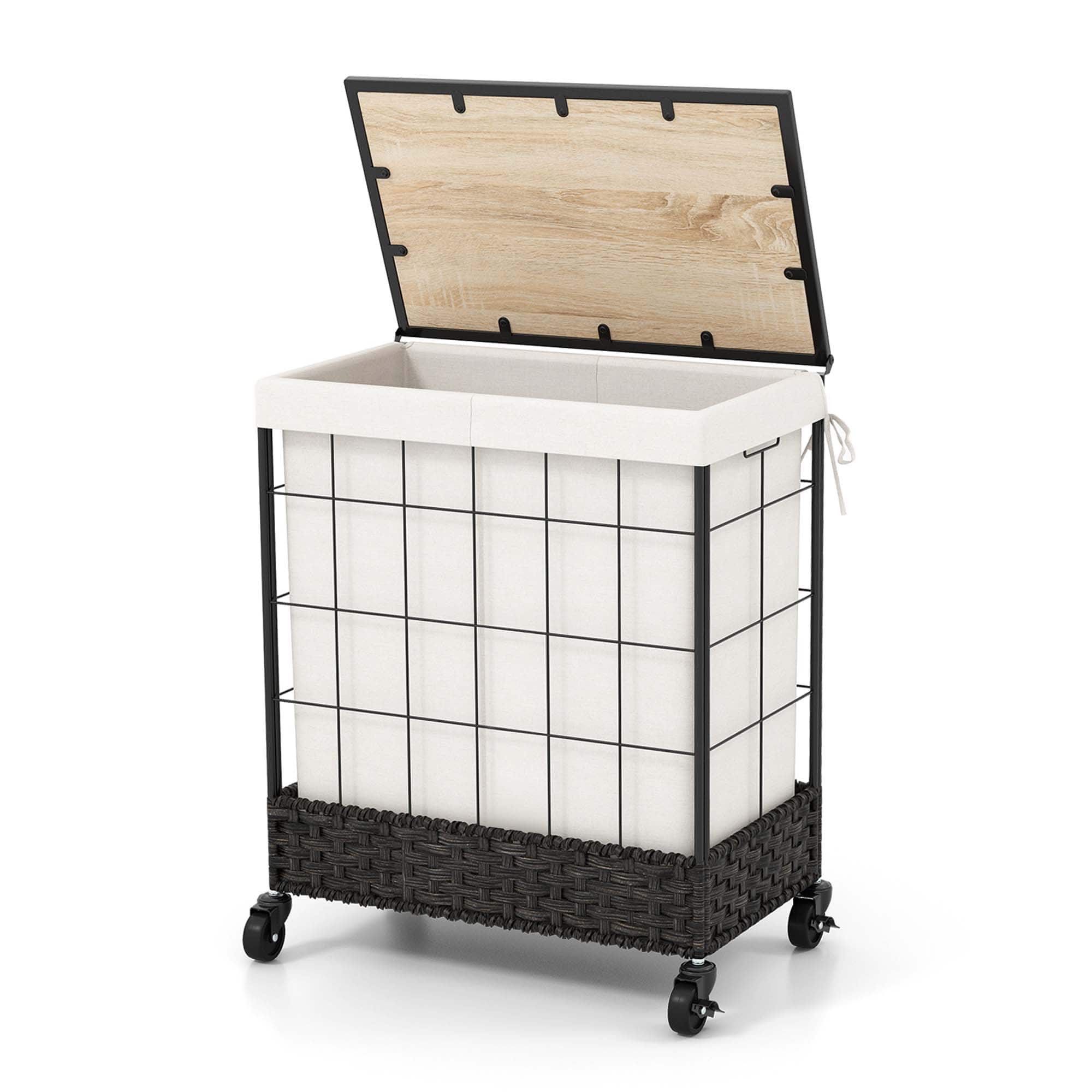 Costway - 110L Large Capacity Handwoven Rattan Laundry Basket with Lid & Lockable Wheels - Black/Natural