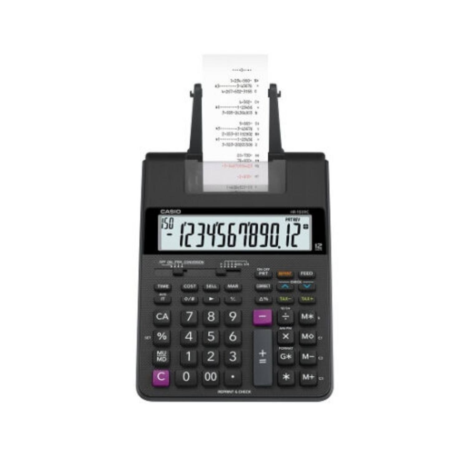 Casio PRTREV 150  
1234567890 12  
Pet Time Cost  
Mar 0/4%  
CA % UM MD  
C 7 4 1 0 8 5 2 00 9 6 3  
+ = x G* * M* MO M- Ca M+