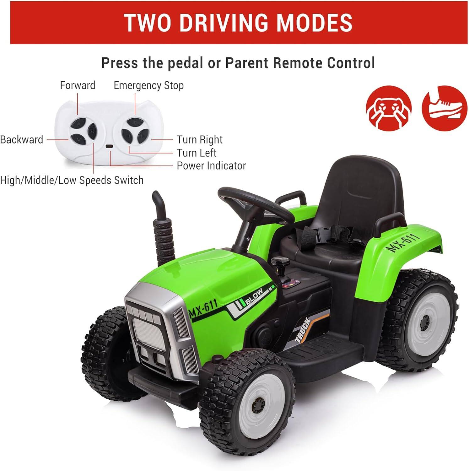 TWO DRIVING MODES

Press the pedal or Parent Remote Control

- Forward
- Emergency Stop
- Backward
- High/Middle/Low Speeds Switch
- Turn Right
- Turn Left
- Power Indicator

MX-611

BLOW TRUCK