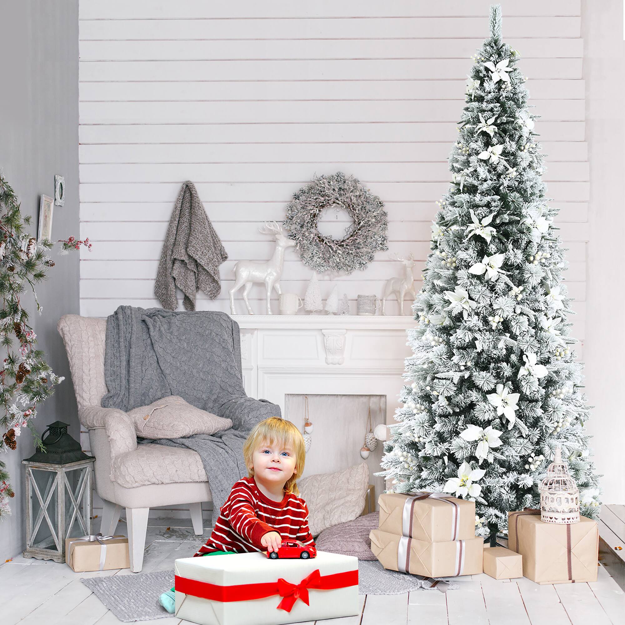 Alt View 12. Costway - 8ft Snow Flocked Christmas Pencil Tree w/ Berries & Poinsettia Flowers - Green/White.