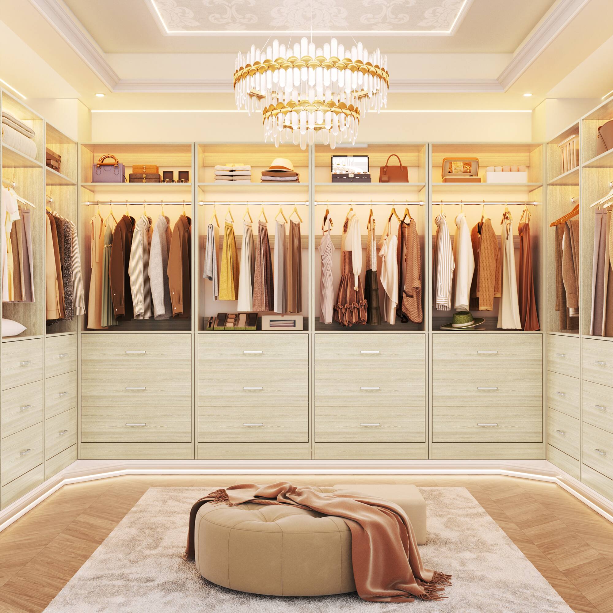 Left. Aheaplus - Set of 4 Heavy Duty 96" Walk-In Closet with 12 Wood Drawers, 4 Rods & 4 Shelves - White Oak.