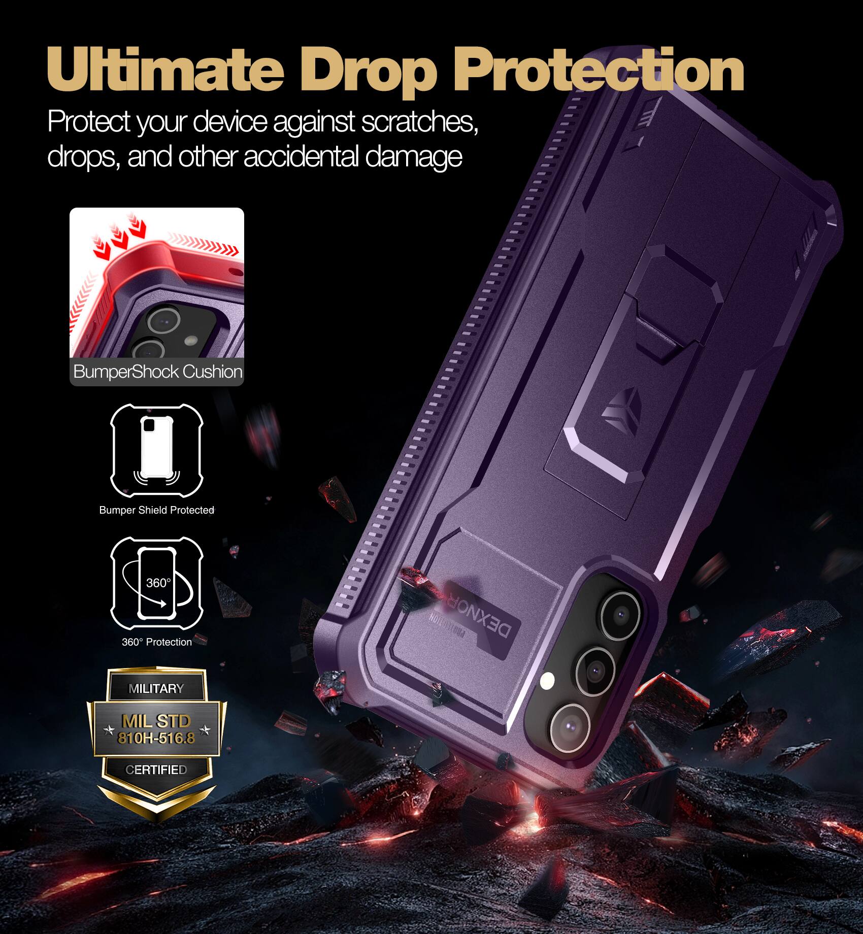 Ultimate Drop Protection

Protect your device against scratches, drops, and other accidental damage

- BumperShock Cushion
- Bumper Shield Protected
- 360° Protection

MILITARY
MIL STD 810H-516.8 CERTIFIED
