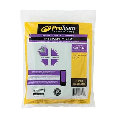 ProTeam  
The Vacuum Company  

Genuine / Auténtica / Véritables  

Intercept Micro  
Replacement Filter / Filtre de Remplacement / Filtro de Repuesto  

6 qt / 6.6 L  

Four Level Filtration  
Super Coach ProM 6 GoFree  

107314  
866.888.2168  

HEALTS 220714