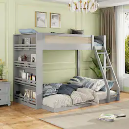 Anysun - Twin over Full Bunk Bed with Shelf and LED - Gray