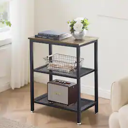 Vecelo - Industrial 3-Tier Tall Side Table with Storage Shelves, Vintage Wood and Metal End Table for Living Room, Bedroom - 1*Gray