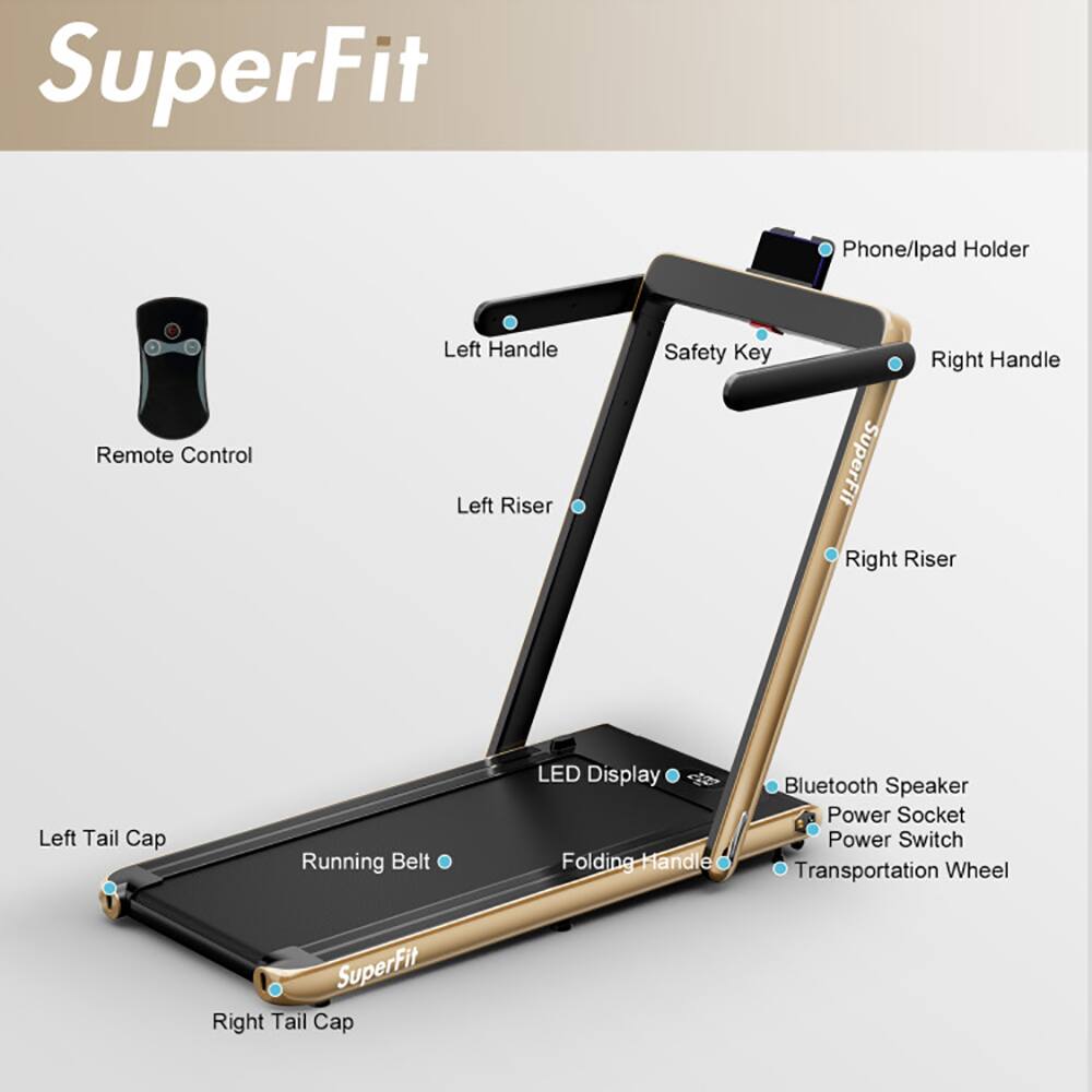 SuperFit

- Phone/lpad Holder
- Remote Control
- Left Handle
- Left Riser
- Safety Key
- Right Handle
- Right Riser
- LED Display
- Bluetooth Speaker
- Power Socket
- Power Switch
- Transportation Wheel
- Running Belt
- Left Tail Cap
- Right Tail Cap
- Folding Handle