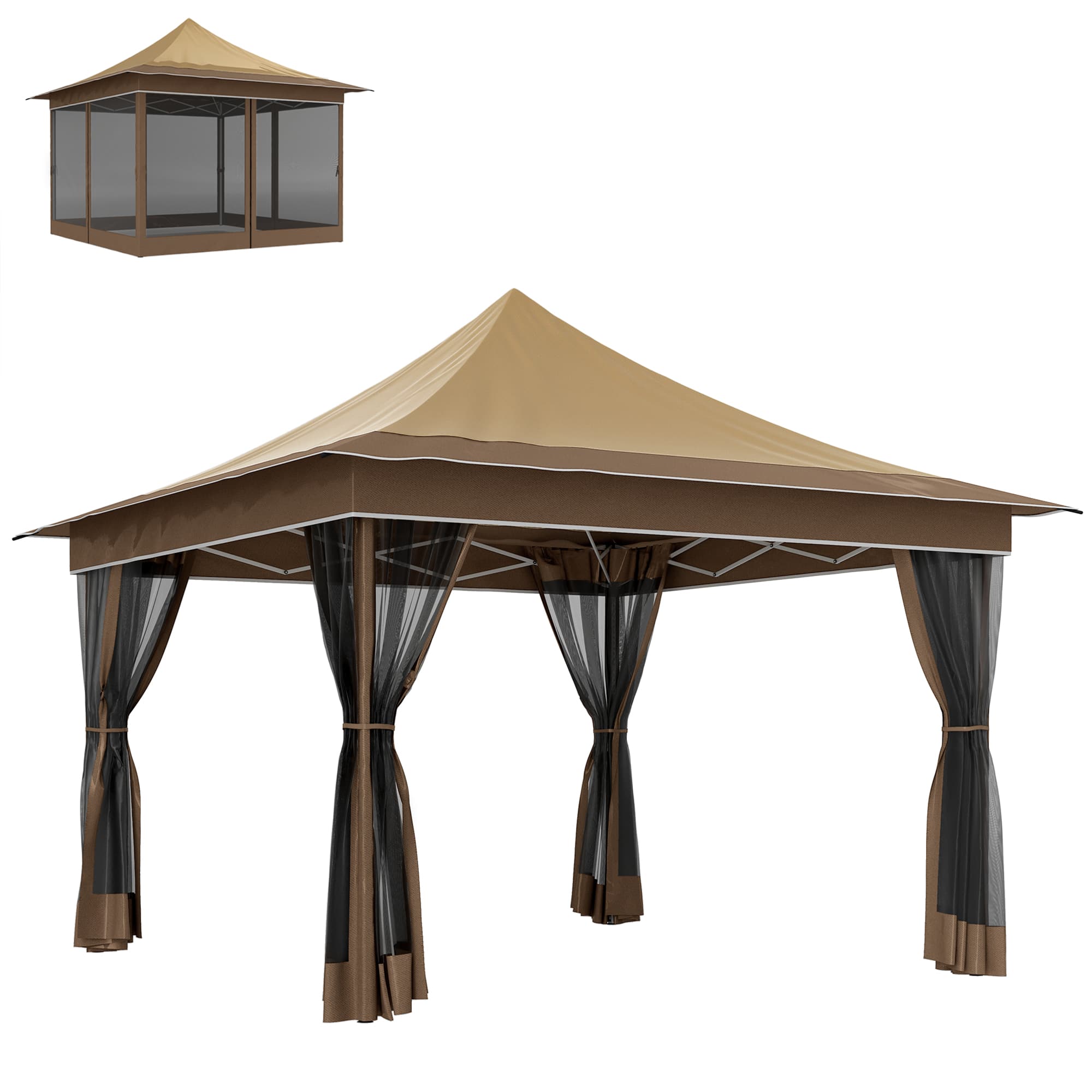 Outsunny - 12 x 12 ft. Pop Up Canopy Tent with Mesh Netting, UPF50+ Instant Sun Shelter with Carry Bag, Height Adjustable - Beige
