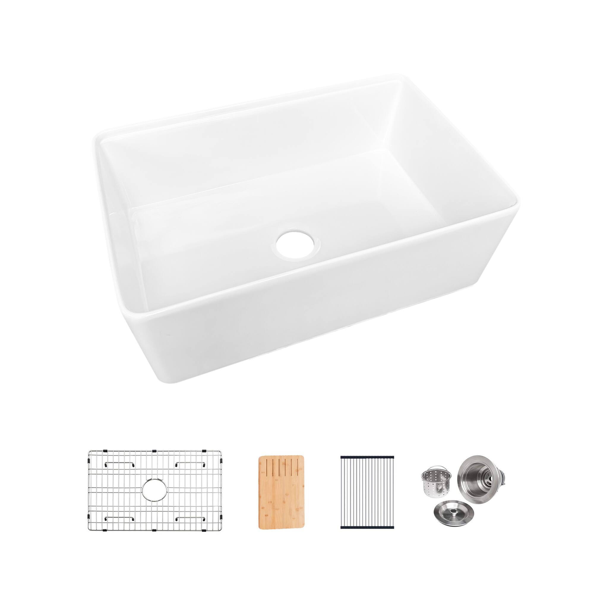 Alt View 4. ELEMENT ACE - 30" Farmhouse Kitchen Sink - Fireclay Workstation Apron Front Single Bowl - White.