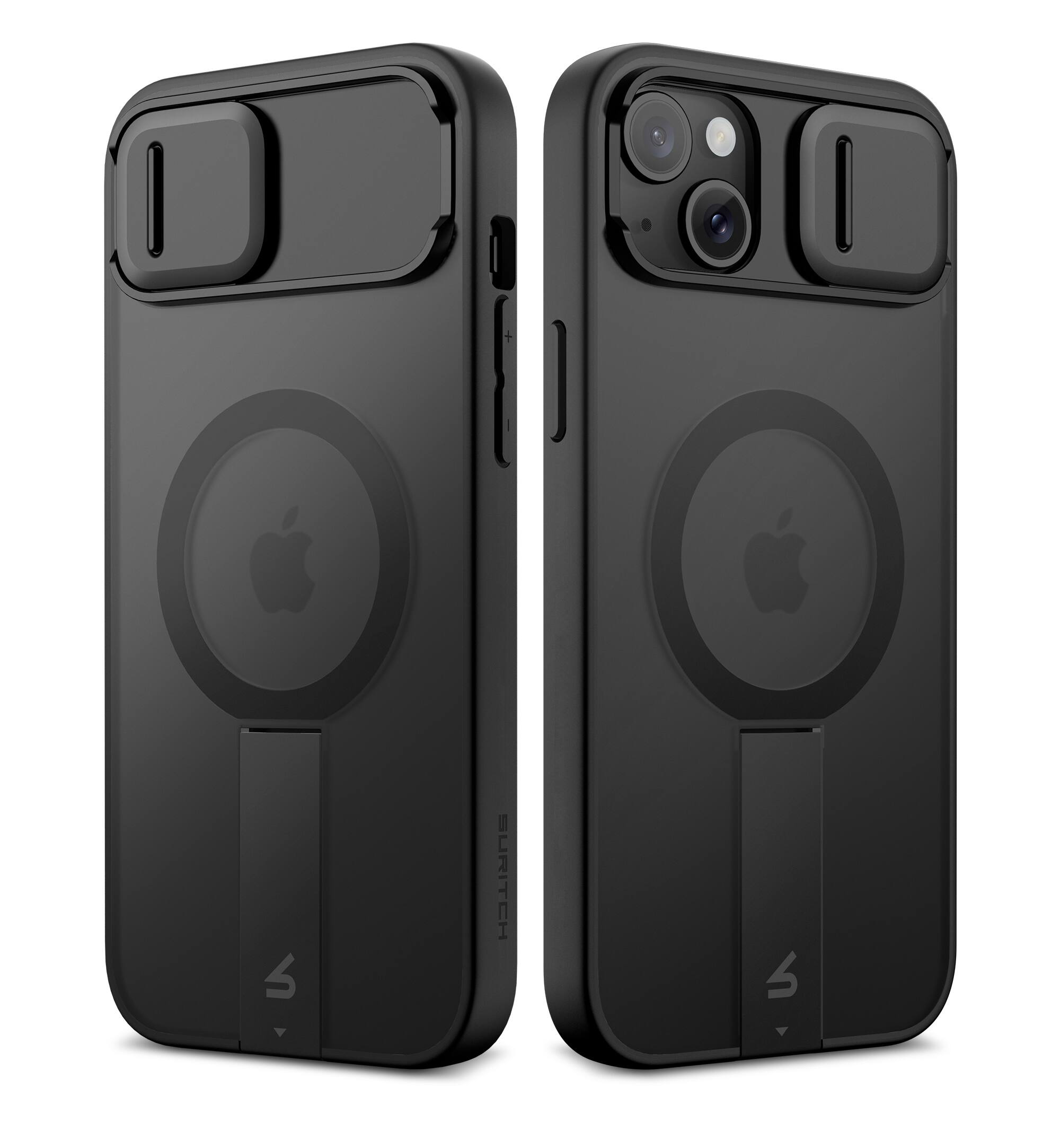 Angle. SURITCH - Rugged Case for iPhone 15, Compatible with MagSafe, Built-in Kickstand & Camera Cover & Translucent Back 6.1 inch - Aurora Black.