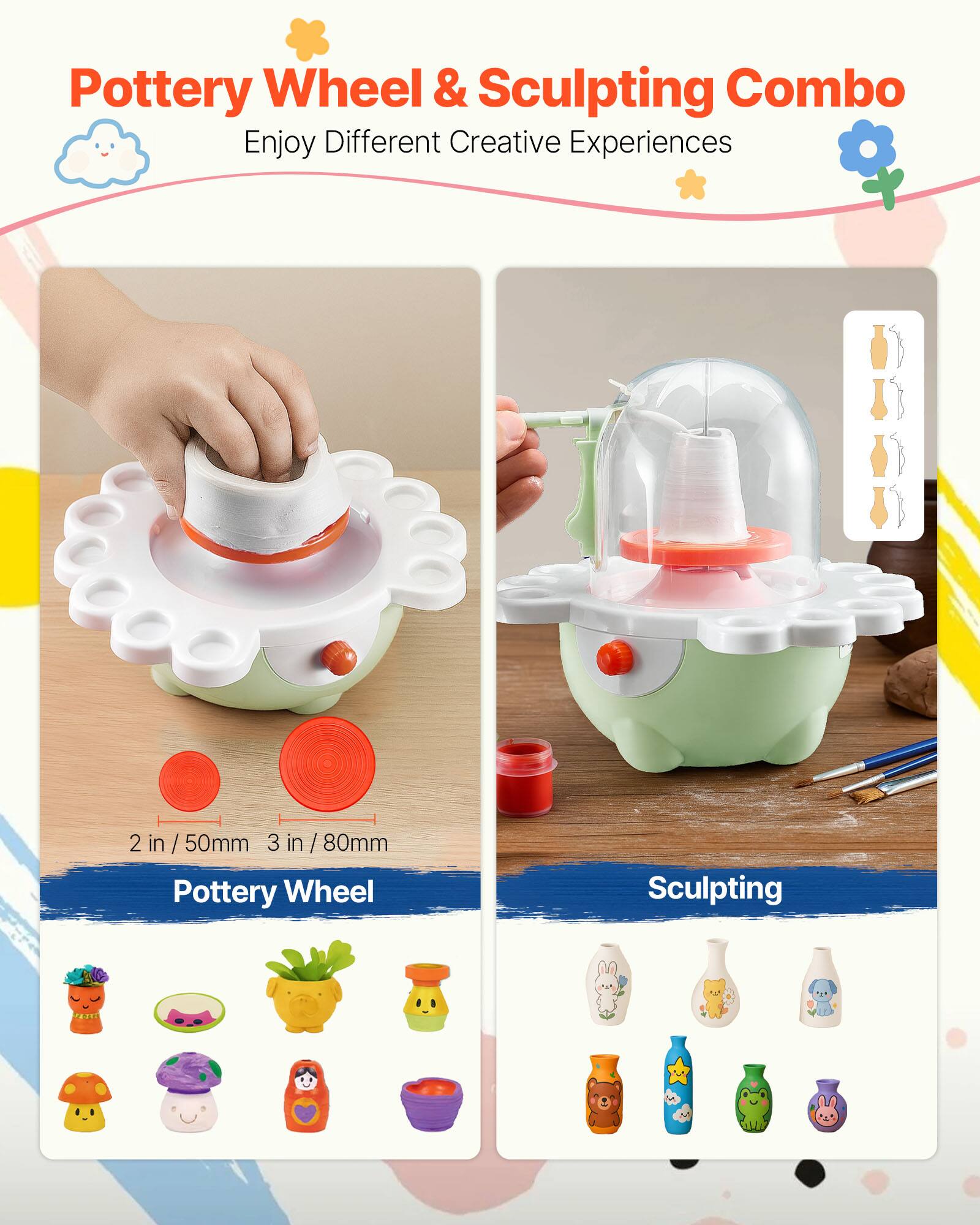 Pottery Wheel & Sculpting Combo  
Enjoy Different Creative Experiences  

2 in / 50mm 3 in / 80mm  

Pottery Wheel  

Sculpting