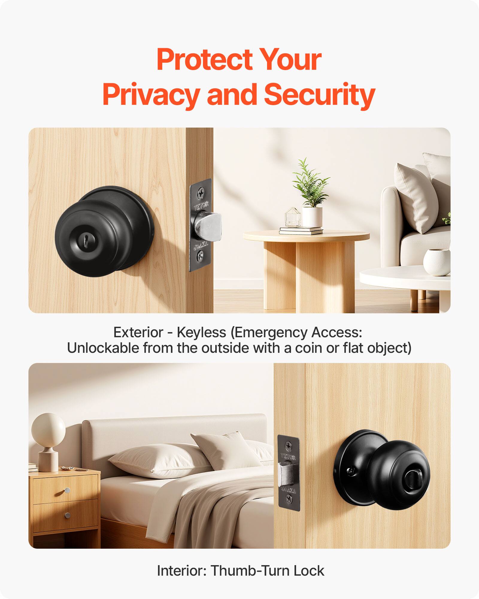 Protect Your Privacy and Security

Exterior - Keyless (Emergency Access: Unlockable from the outside with a coin or flat object)

Interior: Thumb-Turn Lock