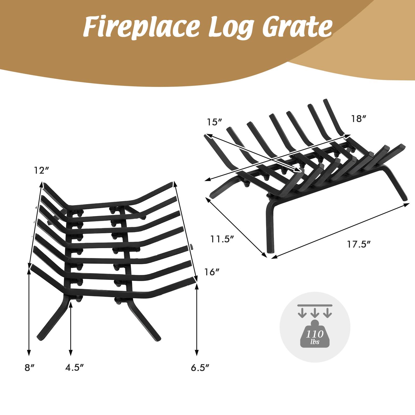 Fireplace Log Grate 12" 15" 16" 11.5" 17.5" 18" 110 lbs 8" 4.5" 6.5"