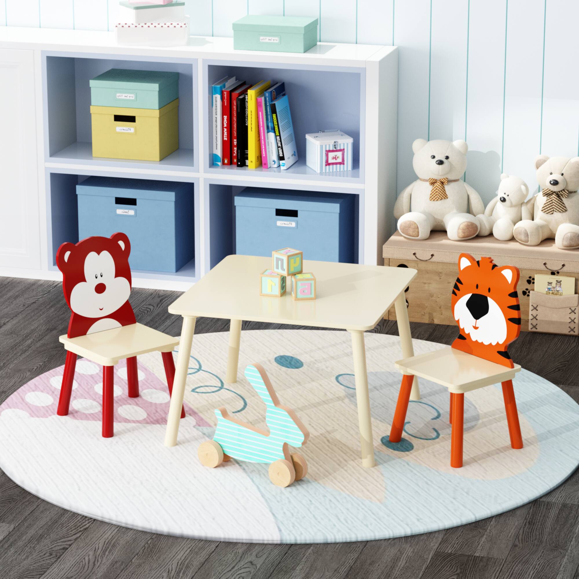 Angle. GOODSILO - Kids Table and 2 Chairs Set - 3 Piece Toddler Activity Play Table Set (Bear & Tiger) - Natural.