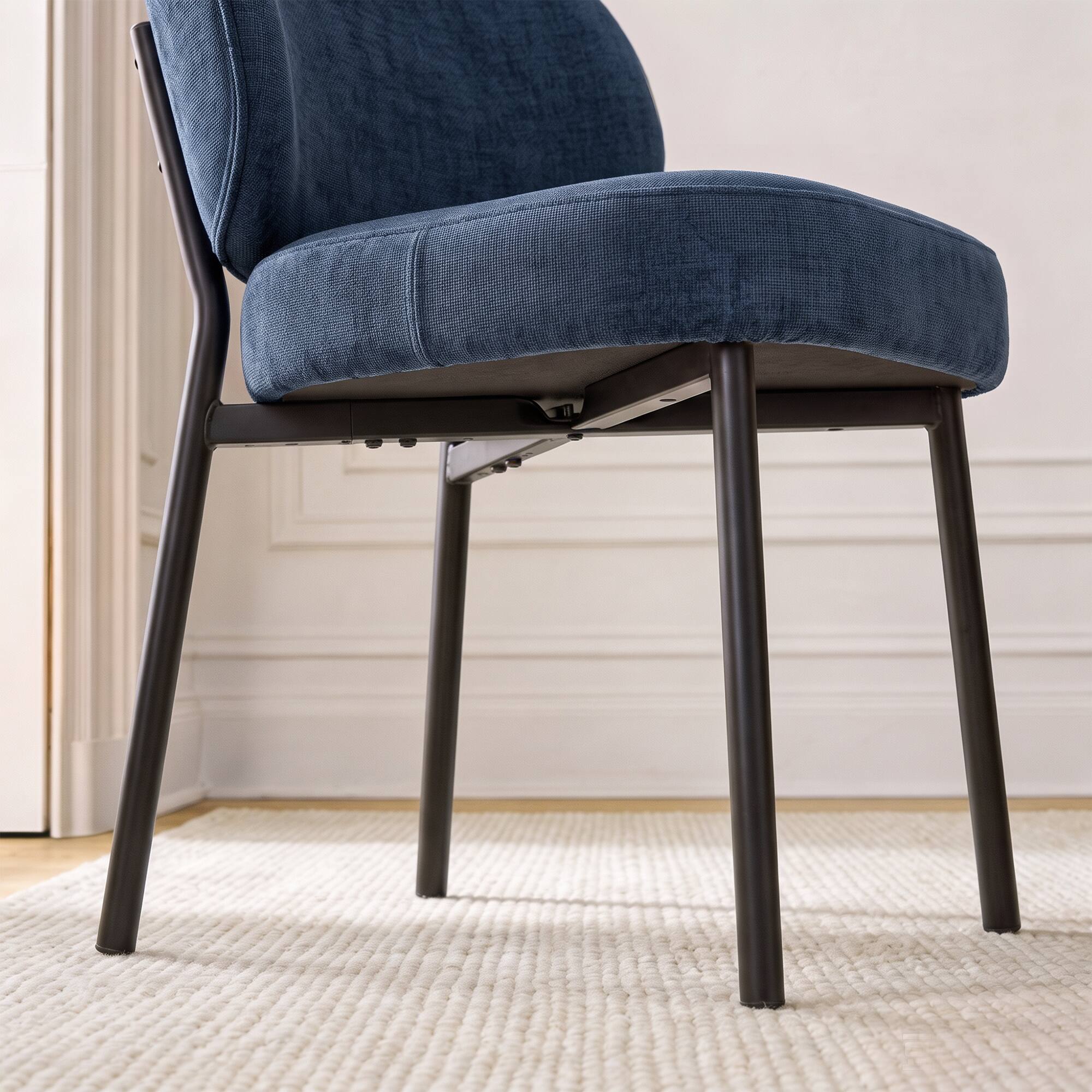 Back. KERDOM - Modern 2pcs Dining Chair, Upholstered Chenille Kitchen Chair, Widen Curved Backrest, Metal Leg, Armless Restaurant Chair - Blue.