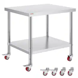 VEVOR - Stainless Steel Work Table 36 x 30 x 34 Inch, 700 LBS Load Capacity with 4 Wheels - Silver